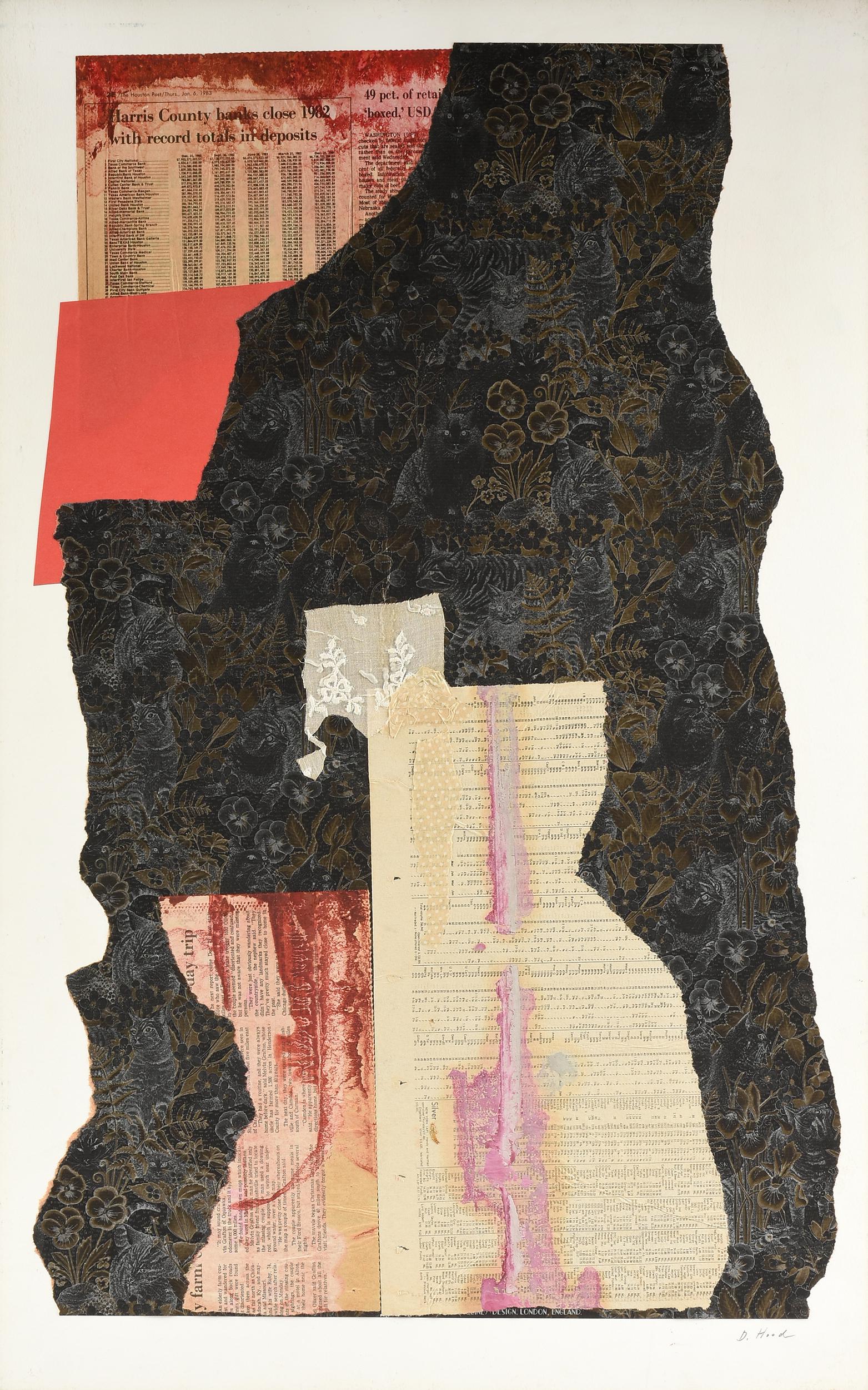 DOROTHY HOOD (American/Texas 1919-2000) A COLLAGE, "Over the Counter," 1983,: DOROTHY HOOD (American/Texas 1919-2000) A COLLAGE, "Over the Counter," 1983, ink, paper, fabric and mixed media collage on card, signed in pencil L/R "D. Hood," verso titled "Over the Counter;" 32'' x