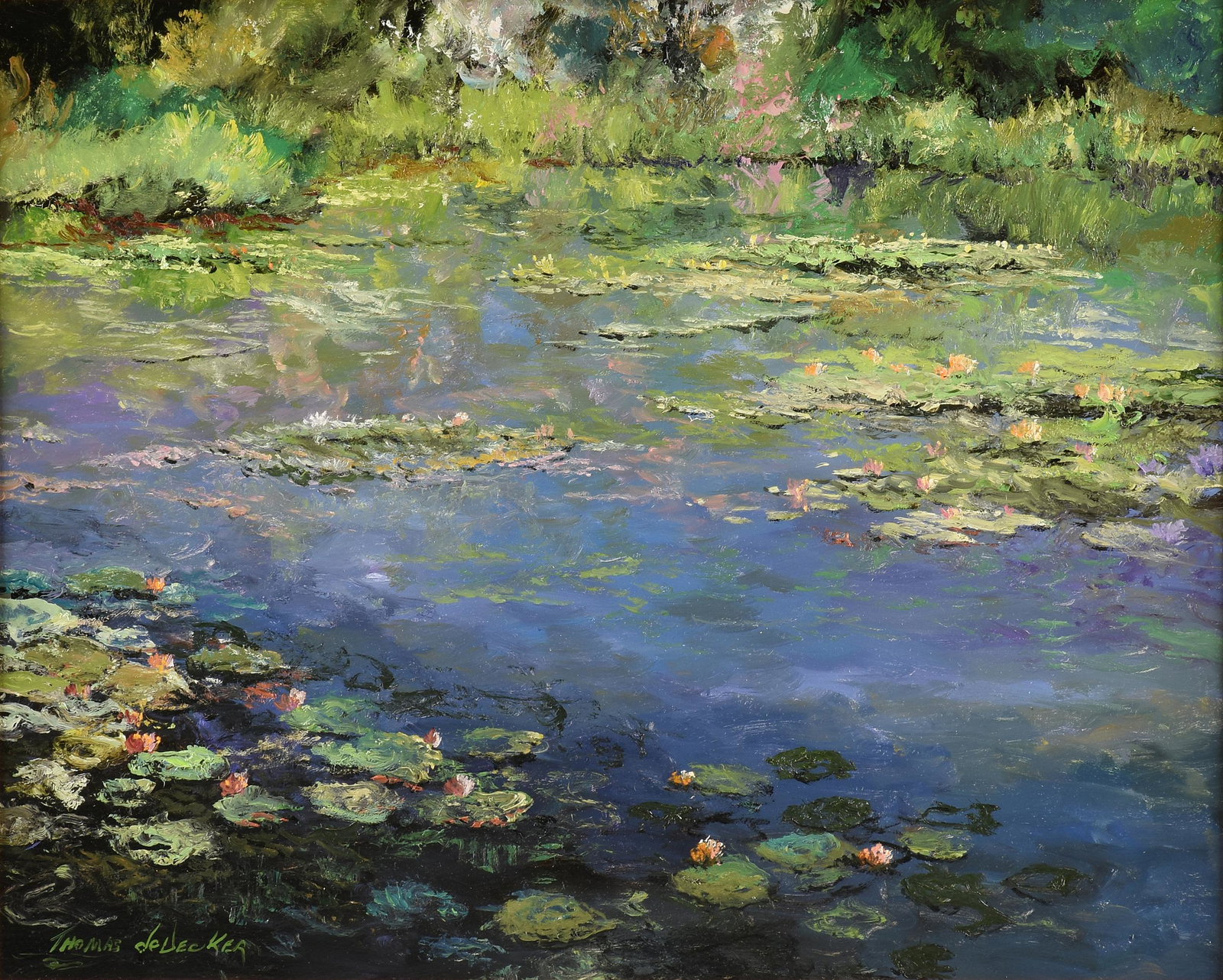 THOMAS DE DECKER (American b. 1951) A PAINTING, "Pond Lilies," 2022,: THOMAS DE DECKER (American b. 1951) A PAINTING, "Pond Lilies," 2022, oil on artist's board, signed L/L, "Thomas de Decker," verso titled, signed, and dated, "Pond Lilies/ by/ Thomas de Decker 2022;" 2