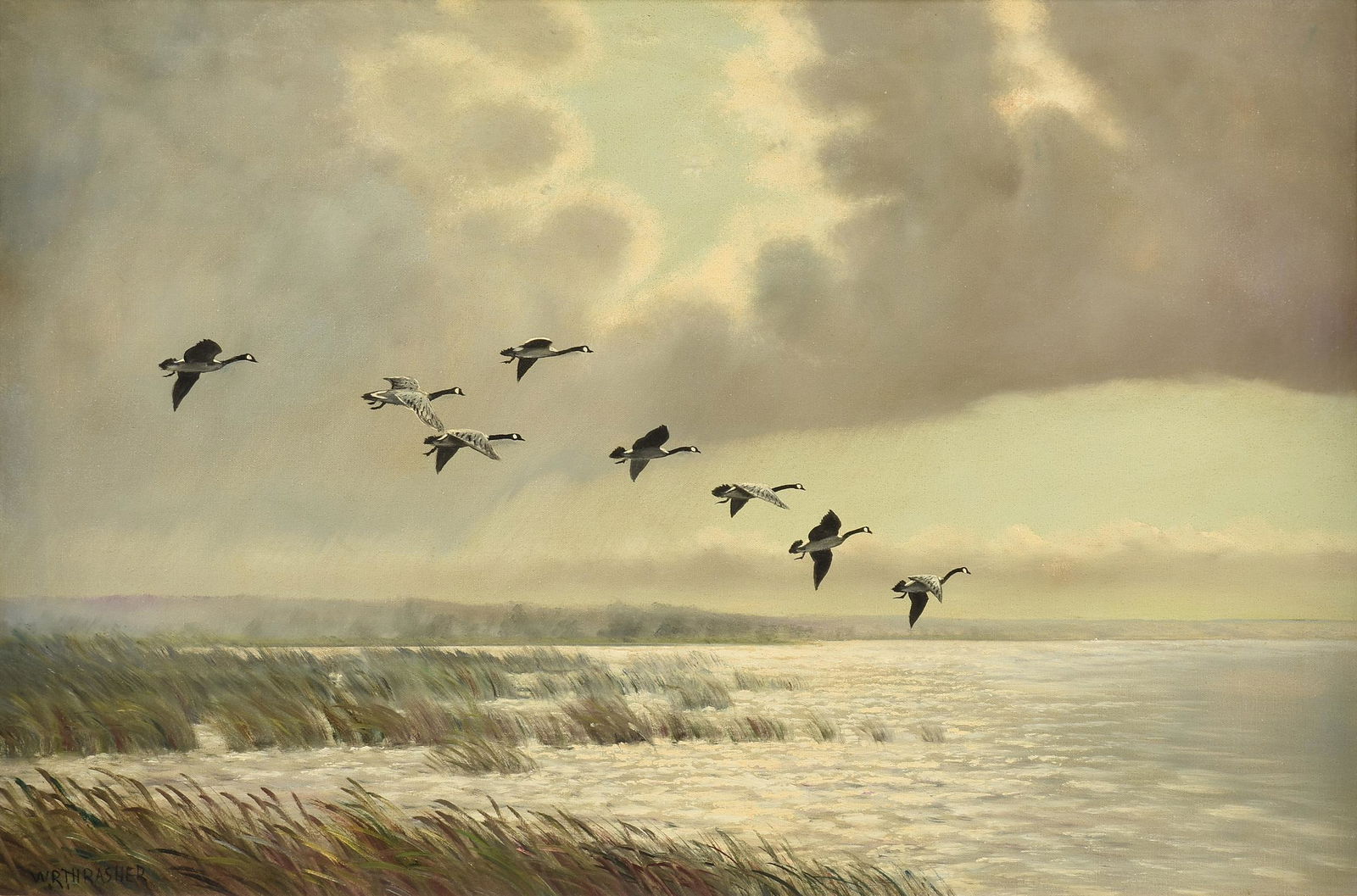 WILLIAM ROBERT THRASHER (American/Texas 1908-1997) A PAINTING, "Geese in Flight," 20TH CENTURY,: WILLIAM ROBERT THRASHER (American/Texas 1908-1997) A PAINTING, "Geese in Flight," 20TH CENTURY, oil on canvas, signed L/L, "W.R. Thrasher;" 22'' x 36'', framed 31'' x 42 3/4''. Note: A farm boy from L