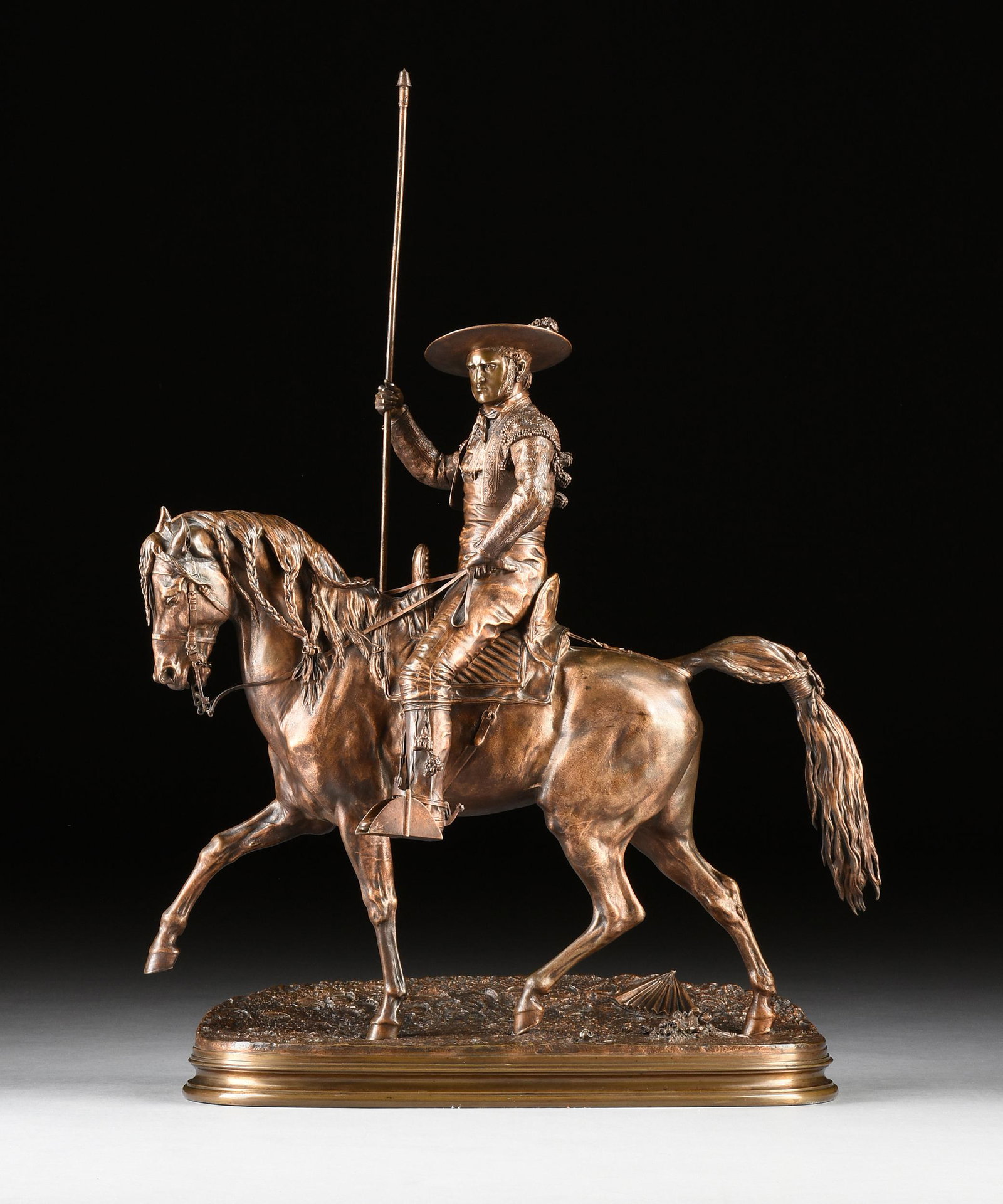 after PIERRE-JULES MÊNE (French 1810-1879) A SCULPTURE, "Picador on Horseback," 20TH CENTURY,: after PIERRE-JULES MÊNE (French 1810-1879) A SCULPTURE, "Picador on Horseback," 20TH CENTURY, bronze with a copper brown patina, inscribed with the artist's name and date, "P.J. MÊNE 1876." 