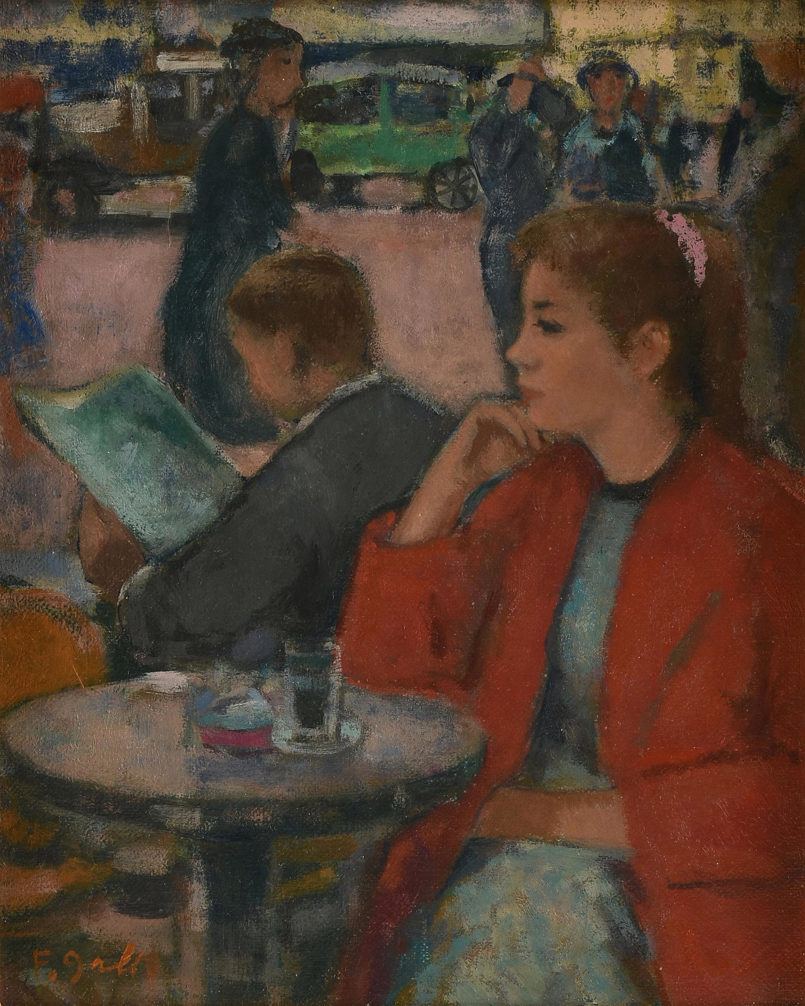 FRANÇOIS GALL (French/Hungarian 1912-1987) A PAINTING, "Girl at the Cafe," 20TH CENTURY,: FRANÇOIS GALL (French/Hungarian 1912-1987) A PAINTING, "Girl at the Cafe," 20TH CENTURY, oil on canvas, signed L/L "F. Gall," verso two Guarisco Gallery, Washington D.C. labels; 10 1/4'' x 8 1/4'