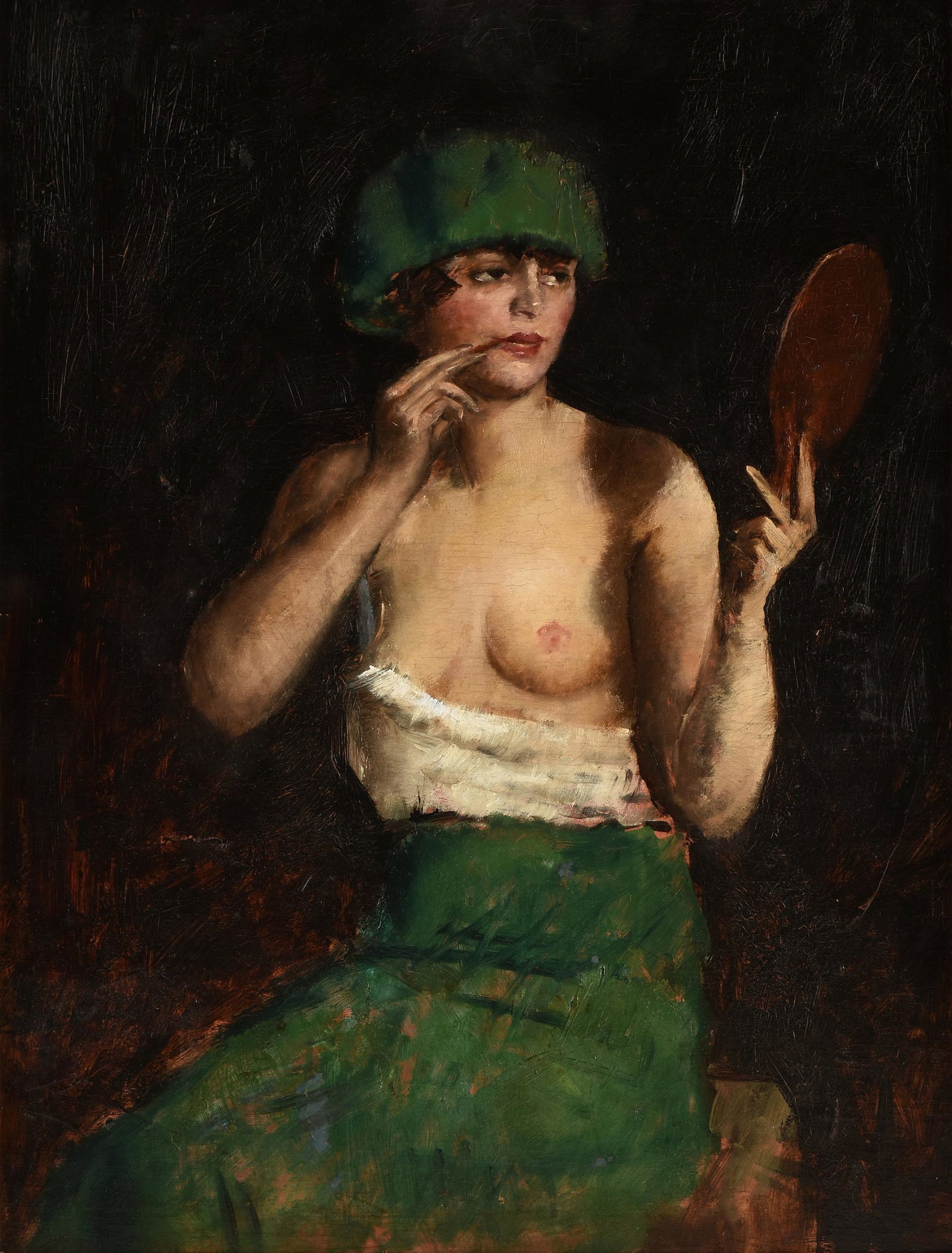 ANDOR BASCH (Hungarian 1885-1944) A PAINTING, "Girl Applying Makeup," PROBABLY BUDAPEST, 1922,: ANDOR BASCH (Hungarian 1885-1944) A PAINTING, "Girl Applying Makeup," PROBABLY BUDAPEST, 1922, oil on board, signed and dated L/L, "Basch Andor 1922," verso inscriptions and rubber stamp; 19 1/2" x 15