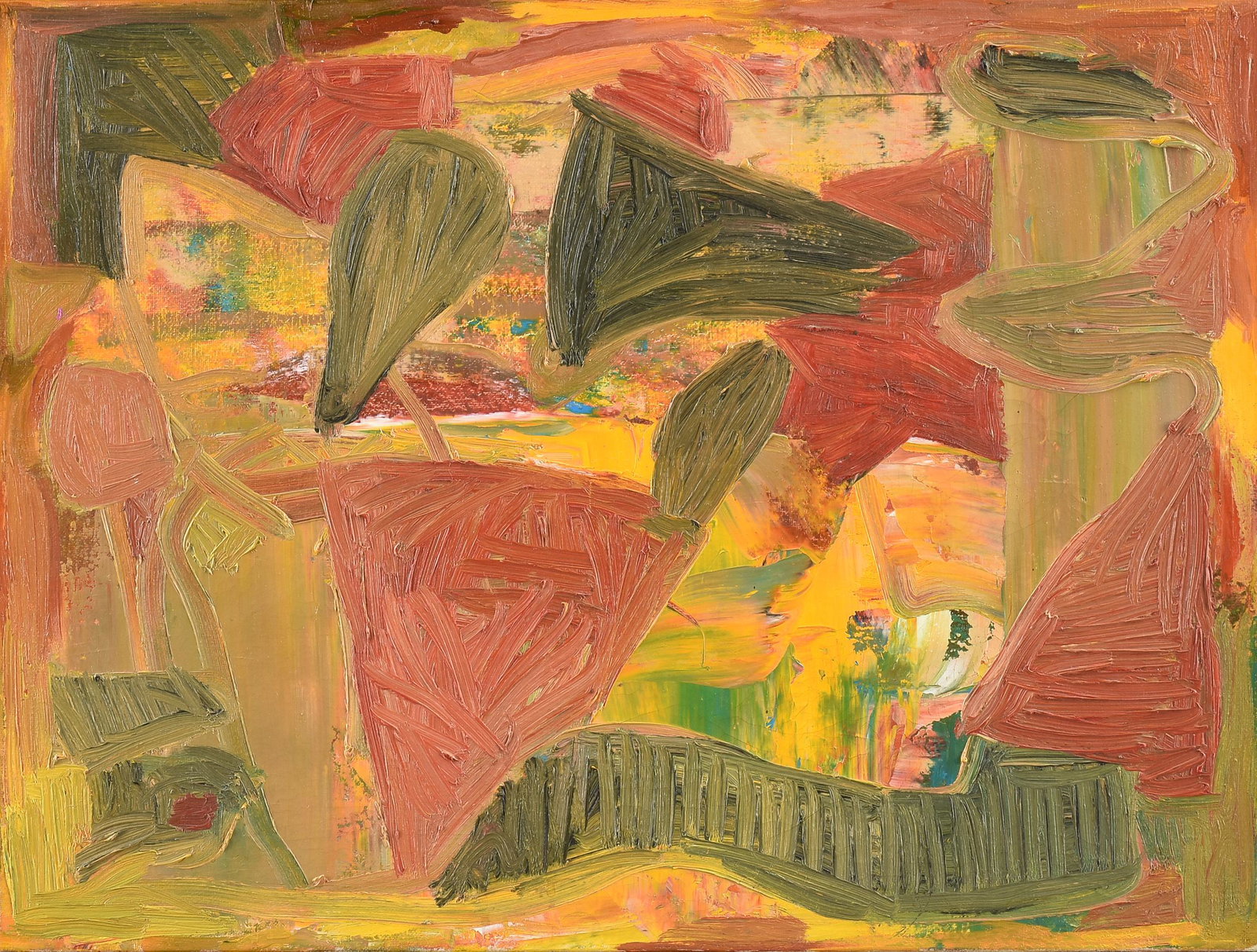 DICK WRAY (American/Texas 1933-2011) A PAINTING, "Red Triangle," JANUARY 5, 1995,: DICK WRAY (American/Texas 1933-2011) A PAINTING, "Red Triangle," JANUARY 5, 1995, acrylic and oil on canvas, verso signed and dated on canvas, "Dick Wray 1.5.95.;" 18" x 24", framed 19" x 25".