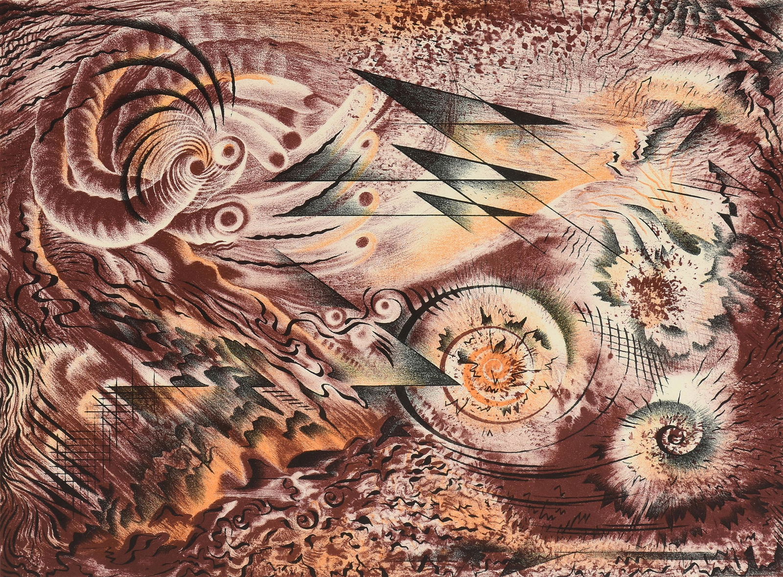 ALEXANDRE HOGUE (American/Texas 1898-1994) A PRINT, "Frission", 1951,: ALEXANDRE HOGUE (American/Texas 1898-1994) A PRINT, "Frission", 1951, lithograph printed in colors, aside from the numbered edition of 55; 10 1/2'' x 13 3/4'', framed 16'' x 19 1/2''. Note: Alexandre