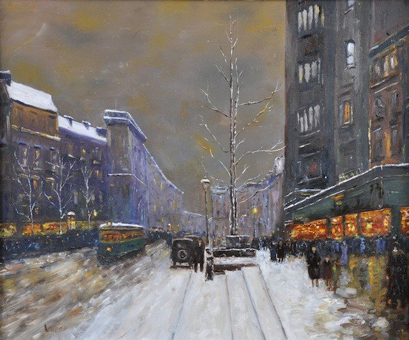 NICHOLAS LOPES (American Contemporary) A PAINTING,: NICHOLAS LOPES (American Contemporary) A PAINTING, "Paris Scene with Streetcar," oil on board, signed L/L. 15" x 18". Framed.