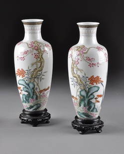 A PAIR OF FINE VINTAGE CHINESE FAMILLE ROSE CABINE: A PAIR OF FINE VINTAGE CHINESE FAMILLE ROSE CABINET VASES, REPUBLIC PERIOD, FIRST HALF 20TH CENTURY, each of thinly potted ovoid form and centering an exquisitely enameled blossoming garden of prunus,