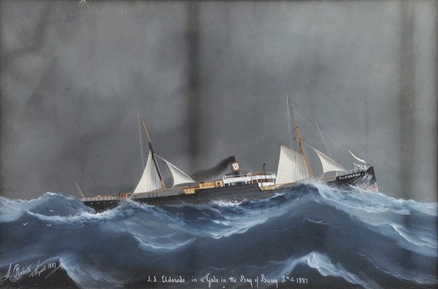 LUIGI ROBERTO (Italian 1845-1910) A PAINTING, "S.S: LUIGI ROBERTO (Italian 1845-1910) A PAINTING, "S.S. Eldorado in a Gale in the Bay of Biscay, Je 7th 1887," gouache on board, signed and dated 1887 L/L. 16 1/4" x 24". Framed.