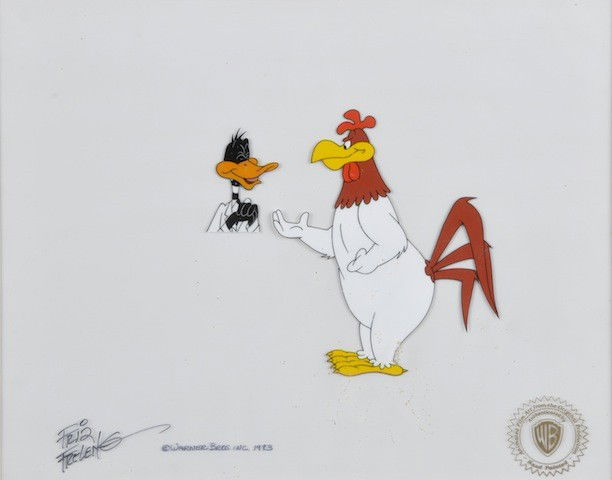 THREE SIGNED WARNER BROS INC ORIGINAL PRODUCTION C: THREE SIGNED WARNER BROS INC ORIGINAL PRODUCTION CELS one from "The Roadrunner", 1979, of Wile E. Coyote rolling a boulder-sized snowball on a white background, signed "Chuck Jones, Warner Bros Inc. 1