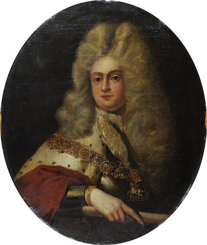 ENGLISH SCHOOL (EARLY 18TH CENTURY) A PAINTING, "P: ENGLISH SCHOOL (EARLY 18TH CENTURY) A PAINTING, "Portrait of a Royal," wearing Order of the Garter over an ermine and red velvet mantle concealing armor while holding a baton. Oil on canvas. 29 3/4" x