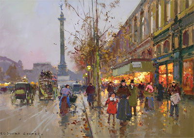 EDOUARD CORTES (French 1882 - 1969) A painting, "P: EDOUARD CORTES (French 1882 - 1969) A painting, "Place De La Bastille," oil on canvas, signed. 13" x 18". Framed.