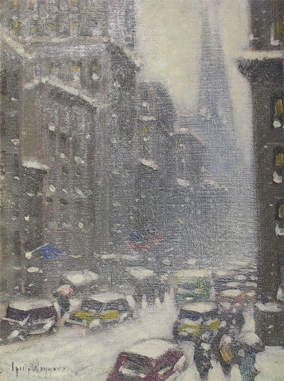 GUY CARLETON WIGGINS, N.A. (American 1883-1962) A: GUY CARLETON WIGGINS, N.A. (American 1883-1962) A painting, "Uptown 5th Ave.," oil on canvasboard, signed. 12" x 9". Framed. Provenance: Lutcher and Nita Stark Foundation, Orange, Texas.
