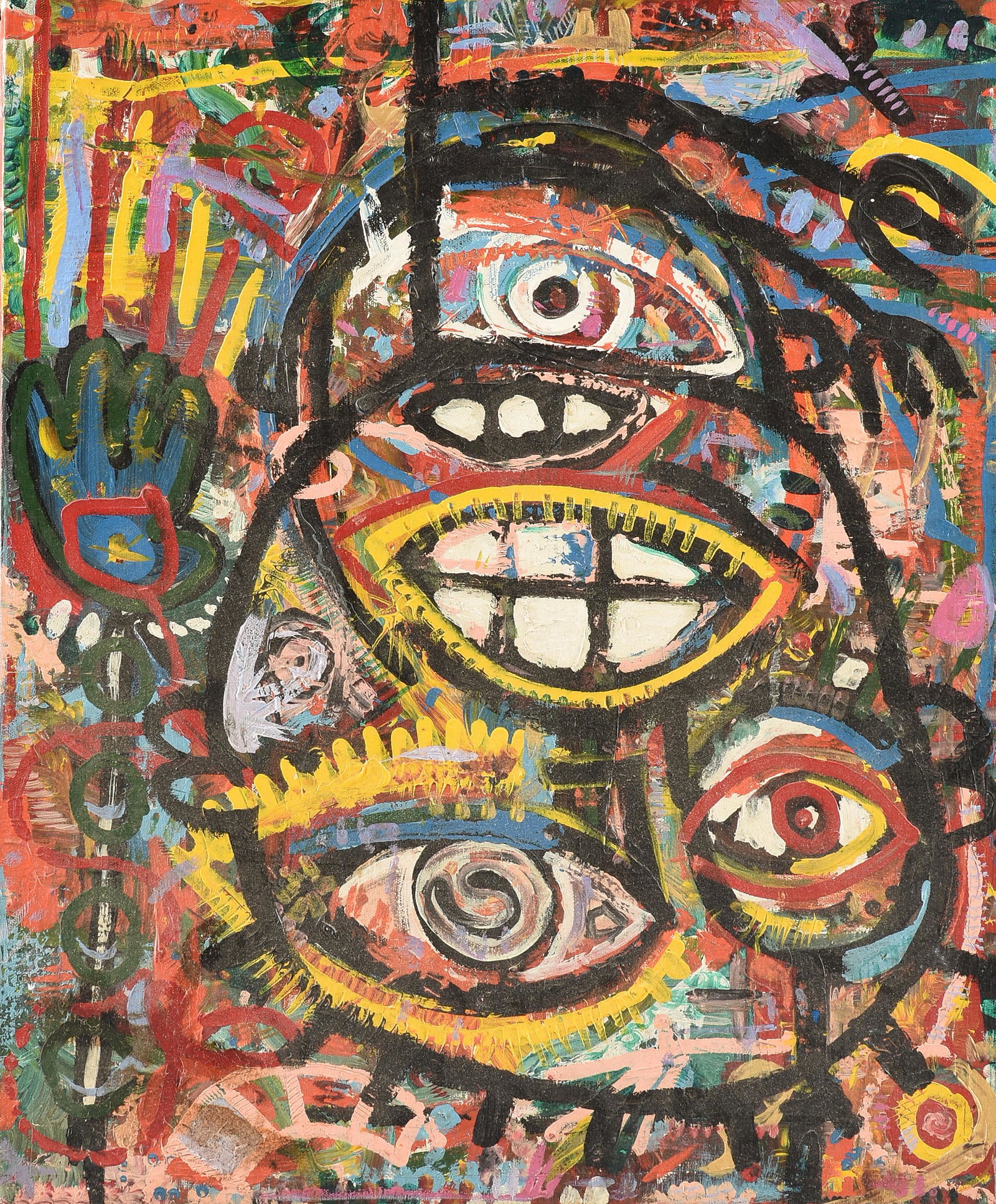 ABRAHAM ROYSTER (American 20th Century) A PAINTING, "Happy Chaos," 1991,: ABRAHAM ROYSTER (American 20th Century) A PAINTING, "Happy Chaos," 1991, oil on canvas, signed and dated on reverse, "Abe 91;" 24" x 20", unframed.