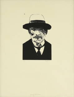 LEONARD BASKIN (American 1922-2000) A PRINT, "George Minne," ARTIST PROOF, 1969,: LEONARD BASKIN (American 1922-2000) A PRINT, "George Minne," ARTIST PROOF, 1969, wood engraving on paper, signed in pencil beneath the image L/R, "Baskin," and numbered at L/L, "AP," titled at L/C, "G