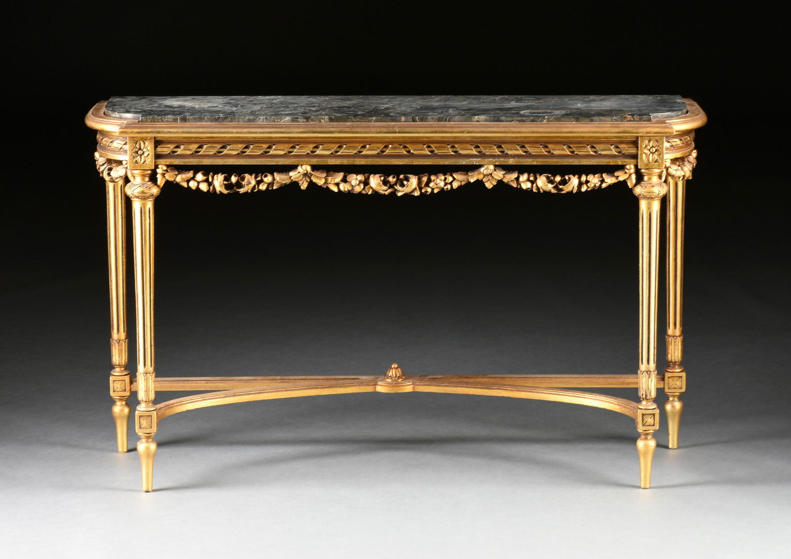A LOUIS XVI STYLE MARBLE TOPPED GILTWOOD CONSOLE TABLE, POSSIBLY ITALIAN, LATE 20TH CENTURY, (1 of 9)