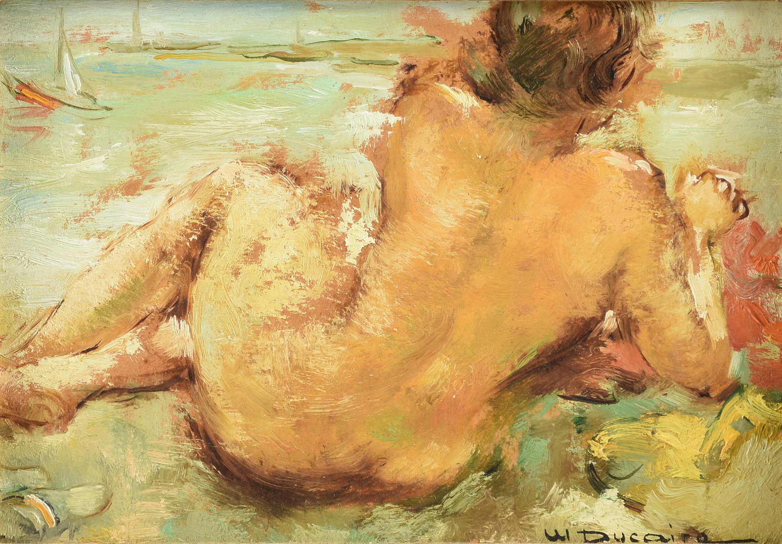 MARYSE DUCAIRE-ROGUE (French 1911-1992) A PAINTING, "Nu," 20TH CENTURY,: MARYSE DUCAIRE-ROGUE (French 1911-1992) A PAINTING, "Nu," 20TH CENTURY, oil on card, signed L/R, "M Ducaire;" 4 1/2" x 6 1/2", framed 13 1/2" x 15 1/2".