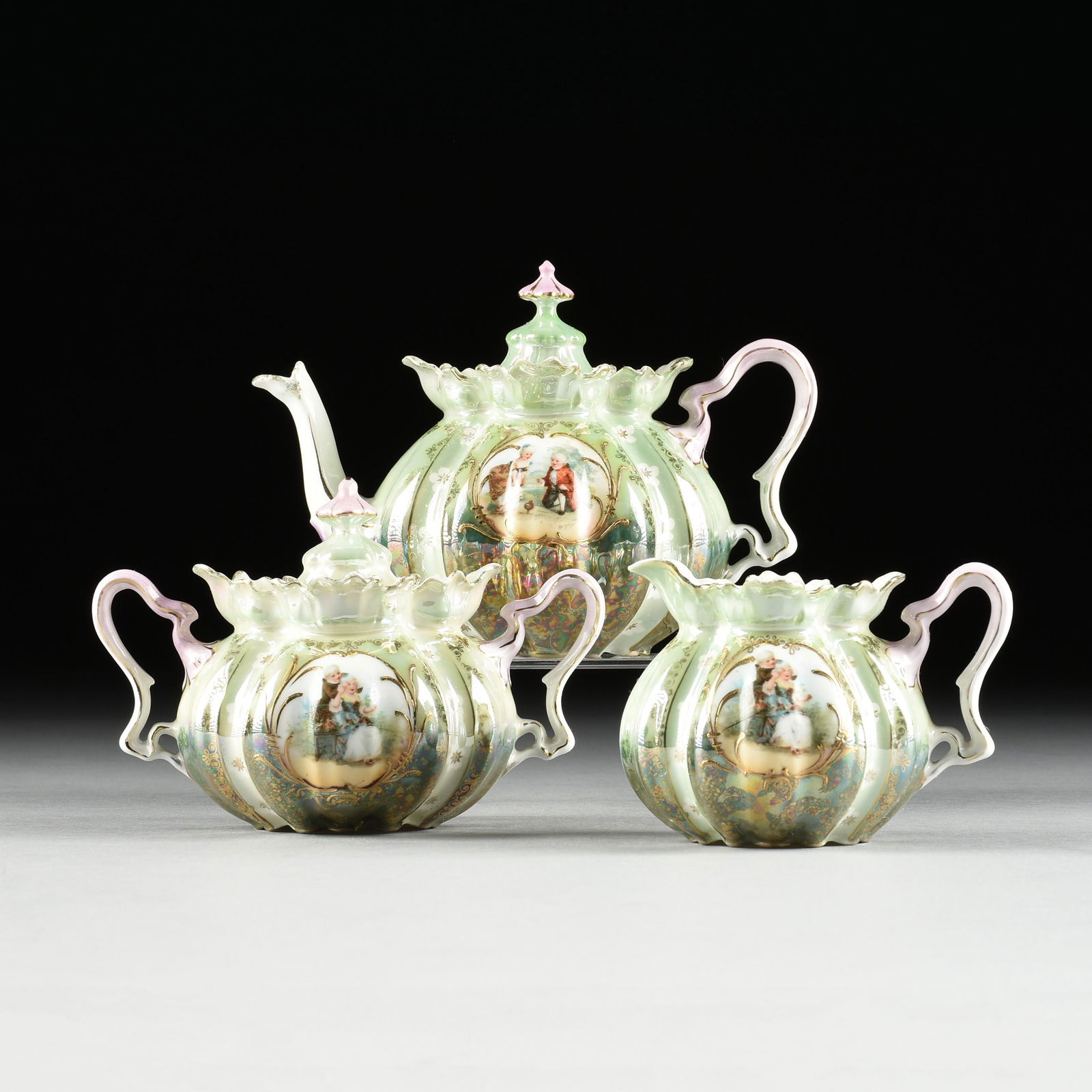 R.S. PRUSSIA PORCELAIN TEAPOT, CREAM AND SUGAR SET, GERMAN, CIRCA 1910, (1 of 8)