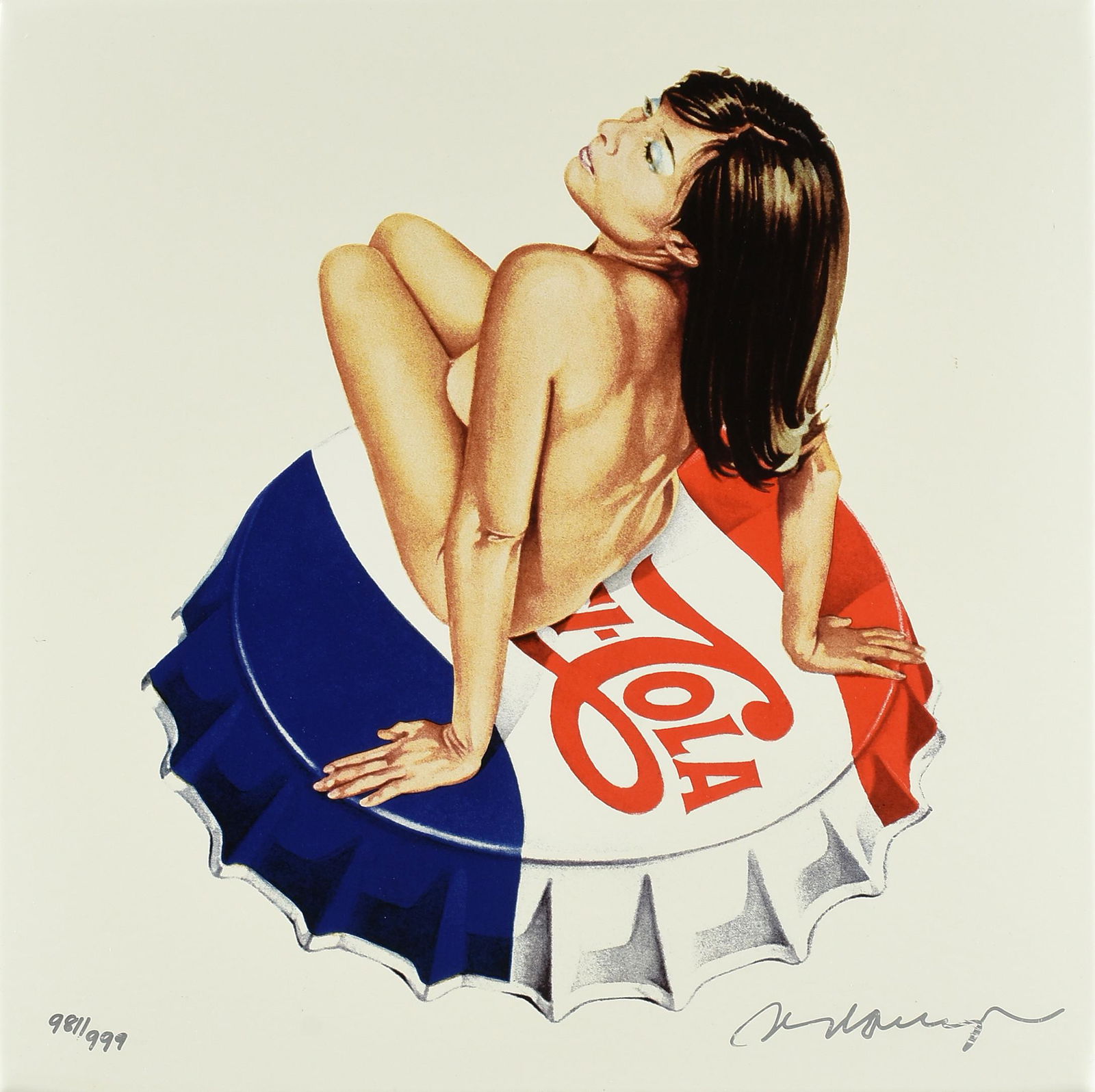 MEL RAMOS (American 1935-2018) AN EROTIC PRINT, "Lola Cola," 2005,: MEL RAMOS (American 1935-2018) AN EROTIC PRINT, "Lola Cola," 2005, enamel print on aluminum, signed in marker L/R, "Mel Ramos," and numbered L/L, "981/999;" 15 3/4" x 15 3/4", unframed.