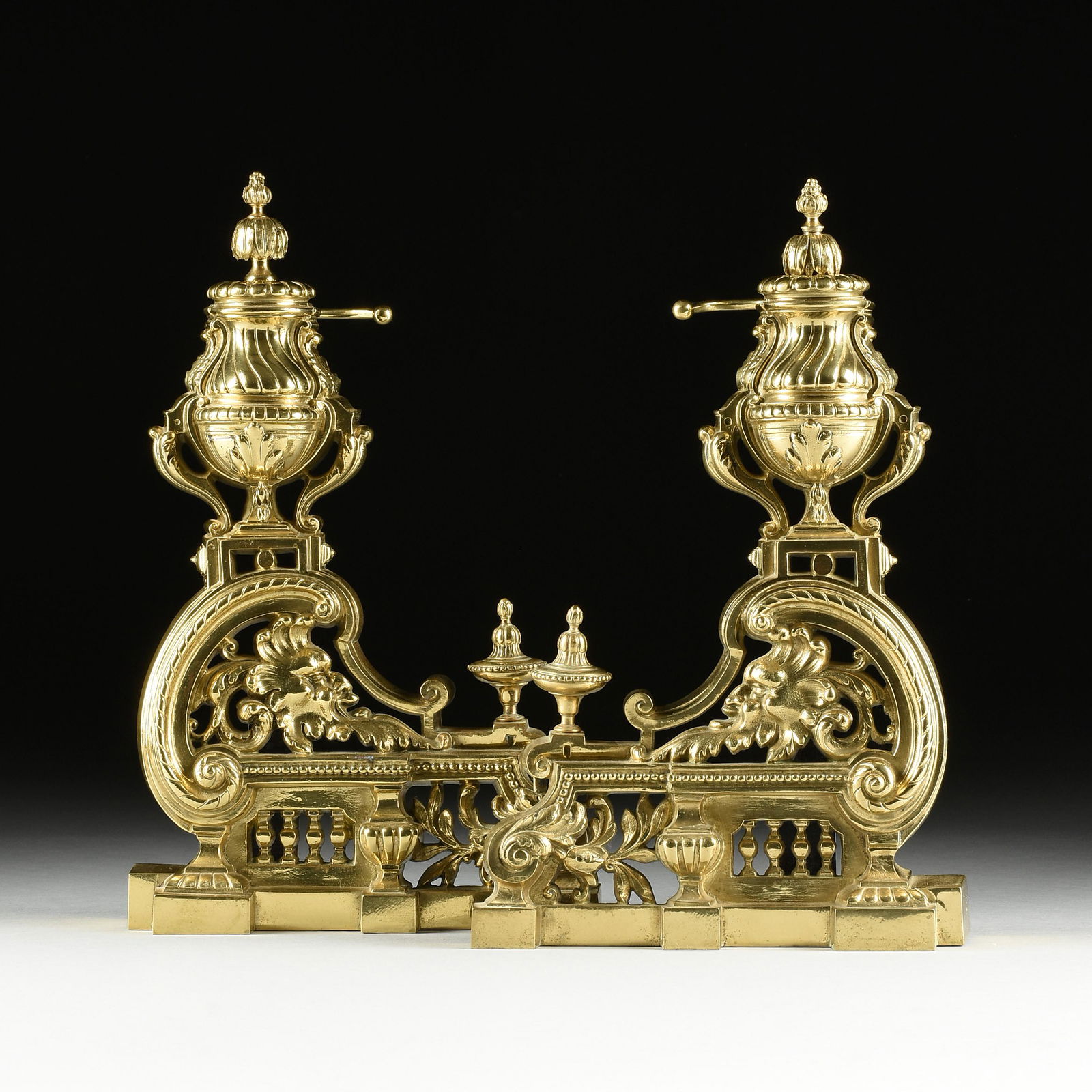 A PAIR OF ENGLISH RENAISSANCE REVIVAL GILT BRASS ANDIRONS, LATE 19TH/EARLY 20TH CENTURY, (1 of 6)