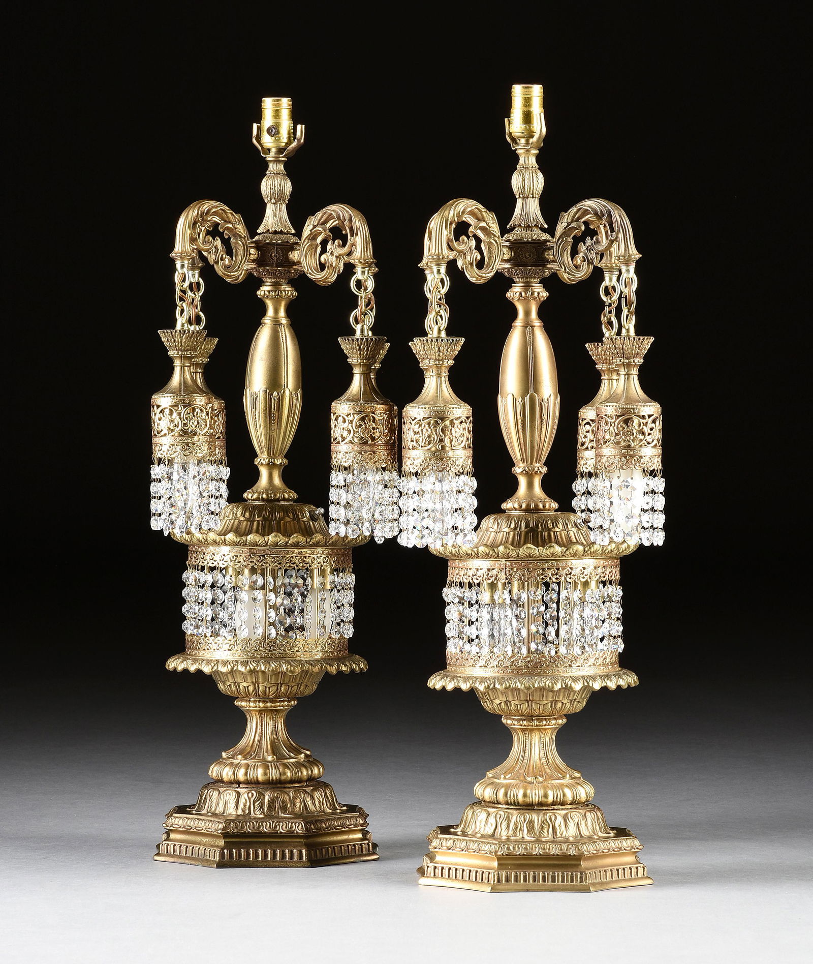 PAIR OF AMERICAN OTTOMAN EMPIRE STYLE GILT METAL AND CRYSTAL HUNG LAMPS, LOEVSKY & LOEVSKY, NEW (1 of 6)
