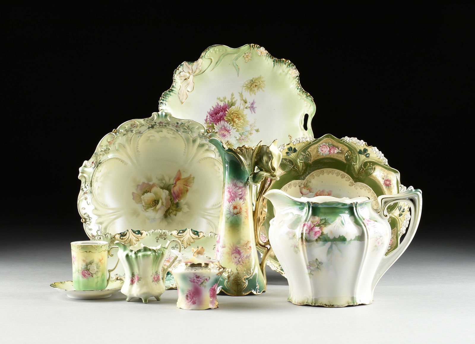 NINE GREEN R.S. PRUSSIA PORCELAIN DISHES, GERMAN, CIRCA 1910, (1 of 12)