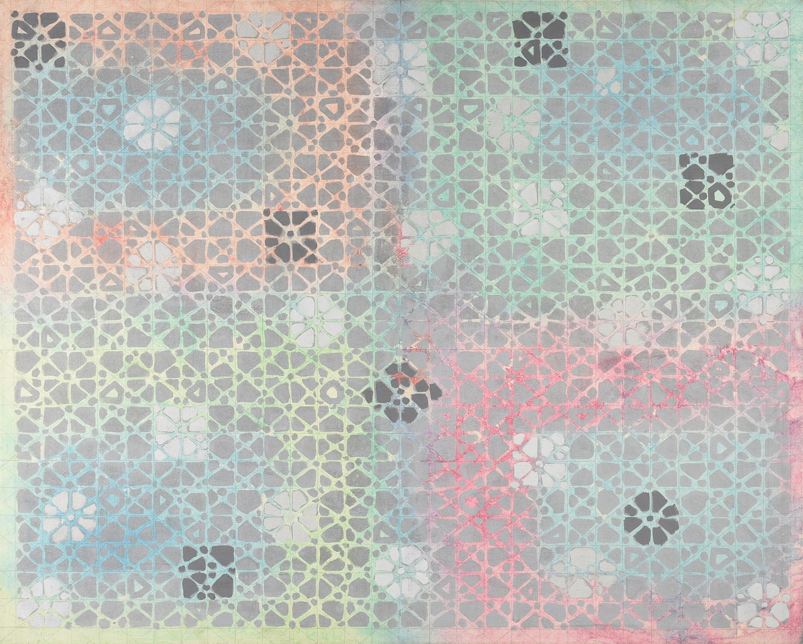 MICHAEL TICHANSKY (American/Texas 20th Century) A PAINTING, "Treillage," 1981,: MICHAEL TICHANSKY (American/Texas 20th Century) A PAINTING, "Treillage," 1981, oil and graphite on canvas, reverse signed and dated, "Michael Tichansky / 81 - 11;" 48" x 60", unframed. Provenance: Col