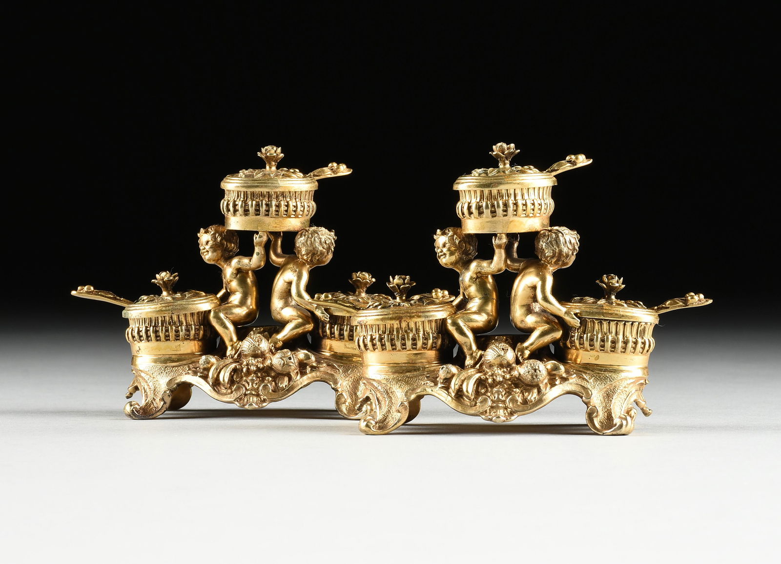PAIR OF ITALIAN VERMEIL SILVER FIGURAL TRIPLE SALTS, RETAILER DEL BONO, SILVERSMITH BARTOLOZZI, (1 of 10)