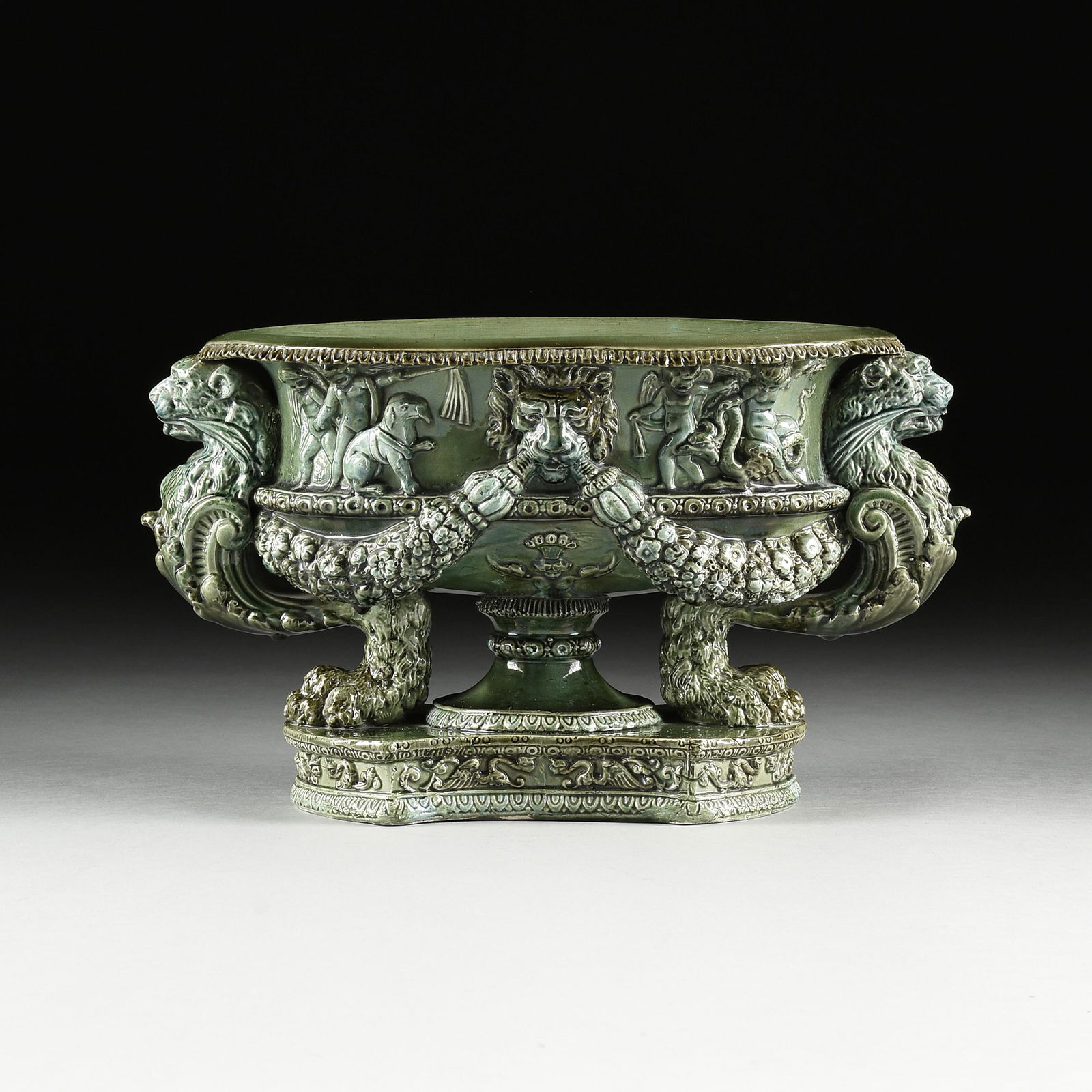 A HUNGARIAN RENAISSANCE REVIVAL GREEN GLAZED MAJOLICA CENTERPIECE, BY FISCHER, STAMPED, BUDAPEST, (1 of 7)