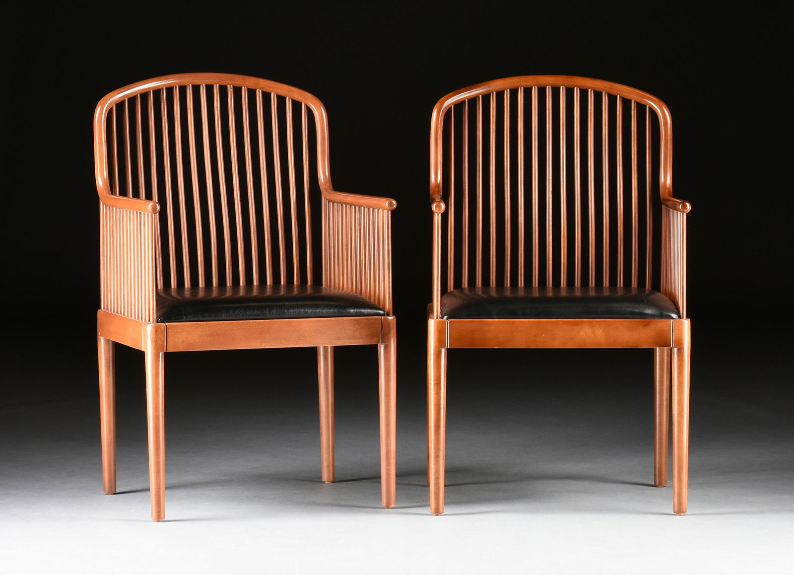 FOUR "EXETER" ARMCHAIRS, DESIGN BY DAVIS ALLEN (1916-1999) 1983,: FOUR "EXETER" ARMCHAIRS, DESIGN BY DAVIS ALLEN (1916-1999) 1983, with black seats, each with metal designer Knoll Studio tags, dated. Manufactured by Stendig and distributed by Knoll Inc. Height: 36 1