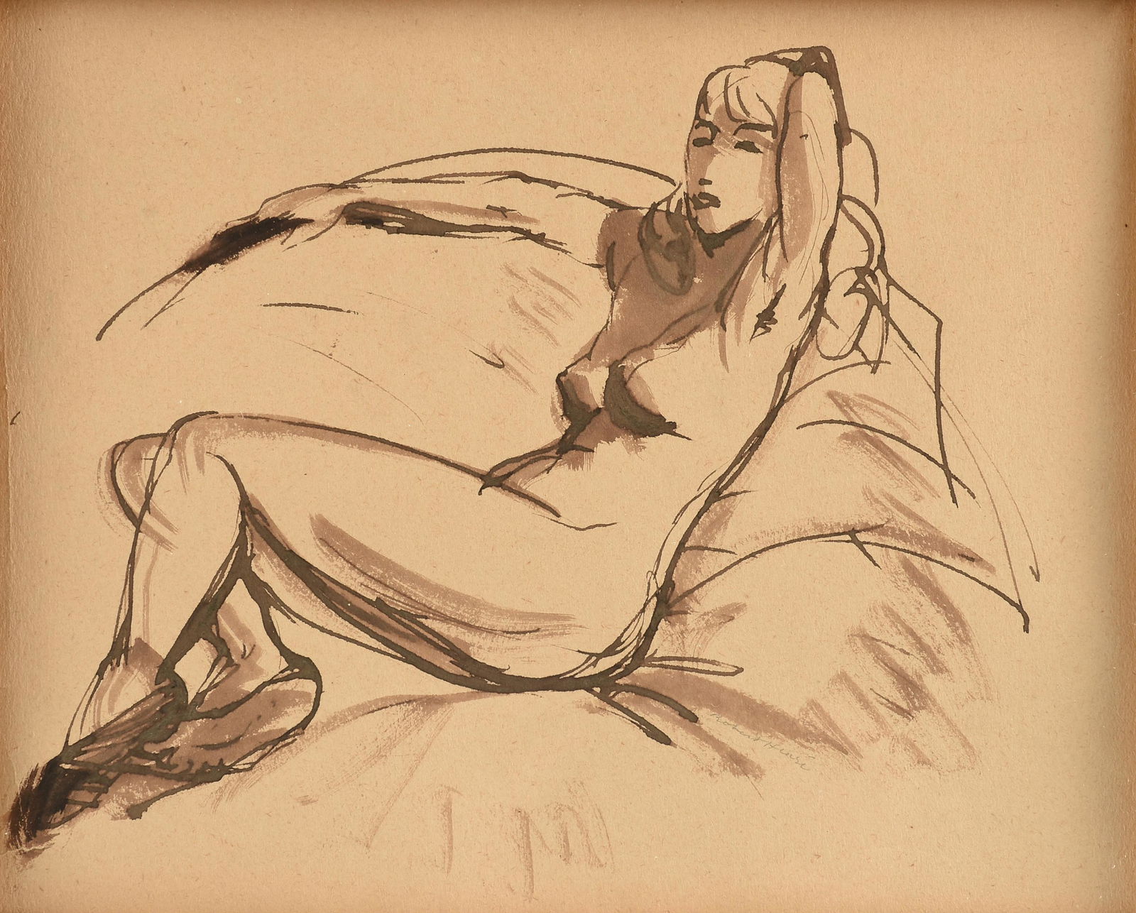 ROBERT (HENRY COZAD) HENRI (American 1865-1929) A DRAWING, "Seated Nude," 20TH CENTURY,: ROBERT (HENRY COZAD) HENRI (American 1865-1929) A DRAWING, "Seated Nude," 20TH CENTURY, pen and ink on paper, an old ACA Galleries paper label on the frame on reverse; 8" x 10", framed 17" x 19".