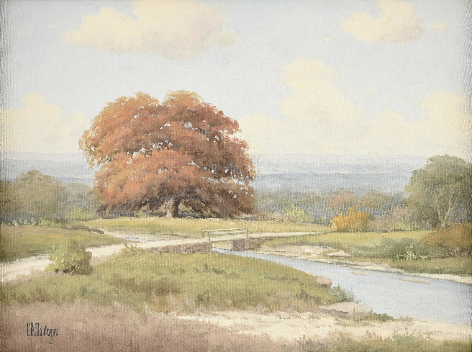 PAULINE "C.P. MONTAGUE" THWEATT (American/Texas 1927-2010) A PAINTING, "Bridge Over the Creek,": PAULINE "C.P. MONTAGUE" THWEATT (American/Texas 1927-2010) A PAINTING, "Bridge Over the Creek," acrylic on canvas, signed L/L, "C.P. Montague;" 18" x 24", framed 27 1/2" x 33".