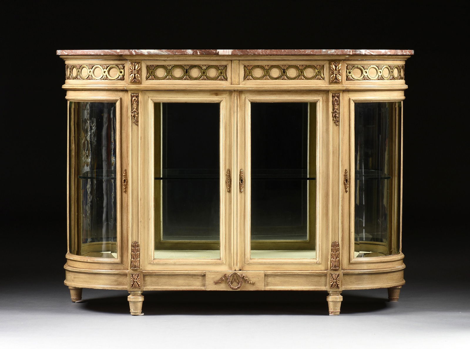 A LOUIS XVI REVIVAL STYLE MARBLE AND PAINTED WOOD GLAZED DISPLAY SIDEBOARD, 20TH CENTURY, (1 of 9)