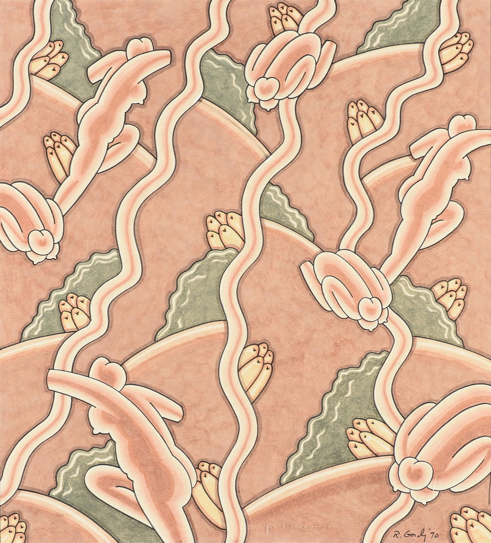 ROBERT GORDY (American/Louisiana 1933-1986) A PAINTING, "Figures in Landscape," 1970,: ROBERT GORDY (American/Louisiana 1933-1986) A PAINTING, "Figures in Landscape," 1970, watercolor on paper, signed and dated L/R, "R. Gordy '70;" 23 1/2" x 21 1/8", framed 29 1/4" x 27 1/4".