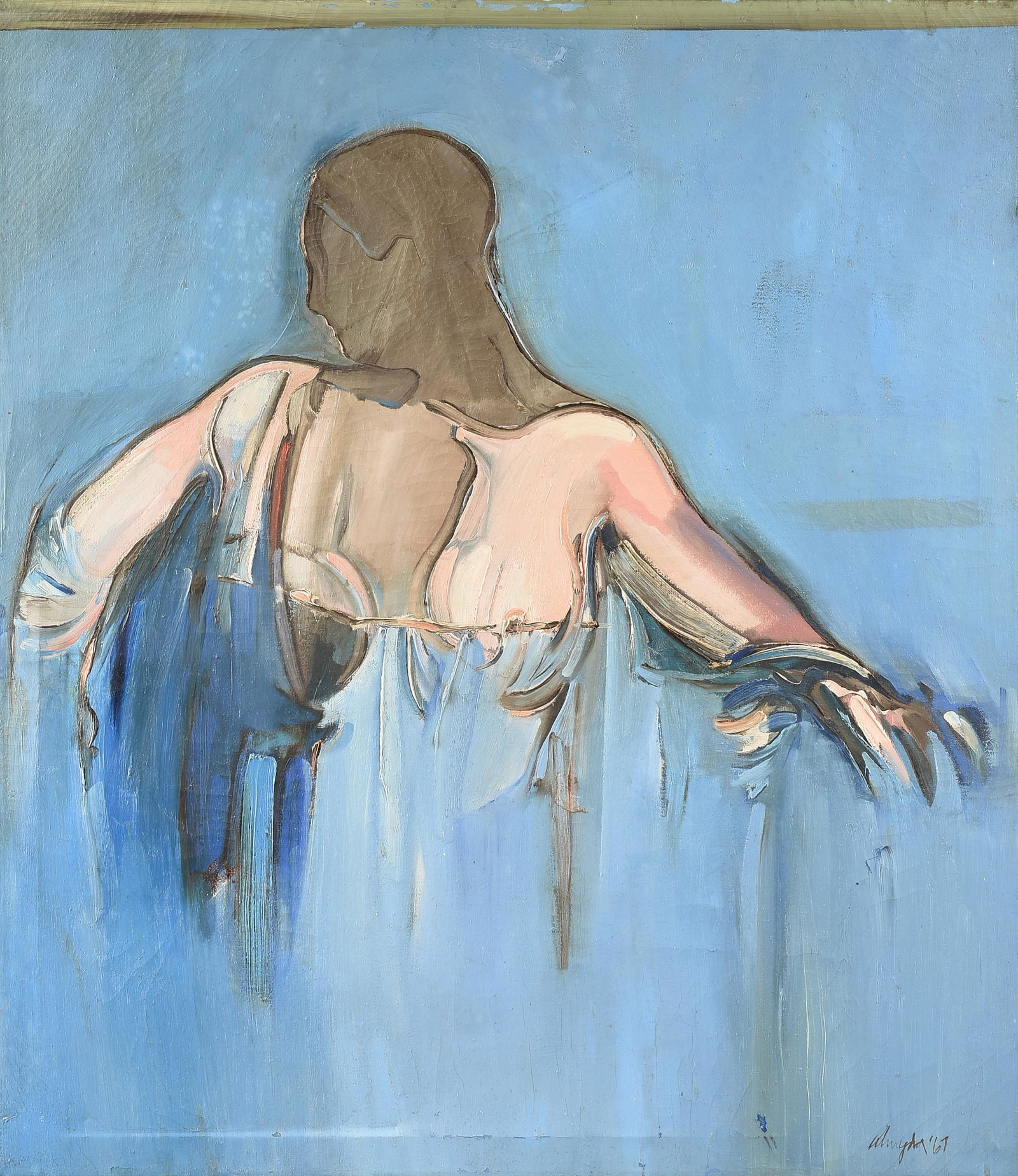 JOSEPH ALMYDA (American 1926-2011) A PAINTING, "Figure with Blue Background," 1967,: JOSEPH ALMYDA (American 1926-2011) A PAINTING, "Figure with Blue Background," 1967, oil on canvas, signed and dated L/L, "Almyda '67;" 46 1/4" x 40", unframed.