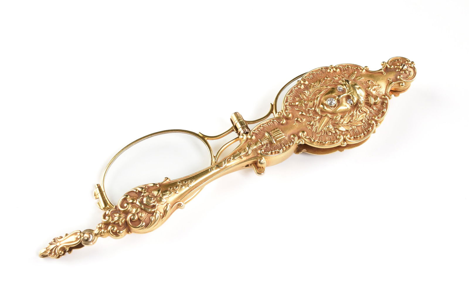 A VICTORIAN NEOCLASSICAL 14K YELLOW GOLD AND DIAMONDS LORGNETTE, BACCHUS AND GORGON MASKS, (1 of 3)