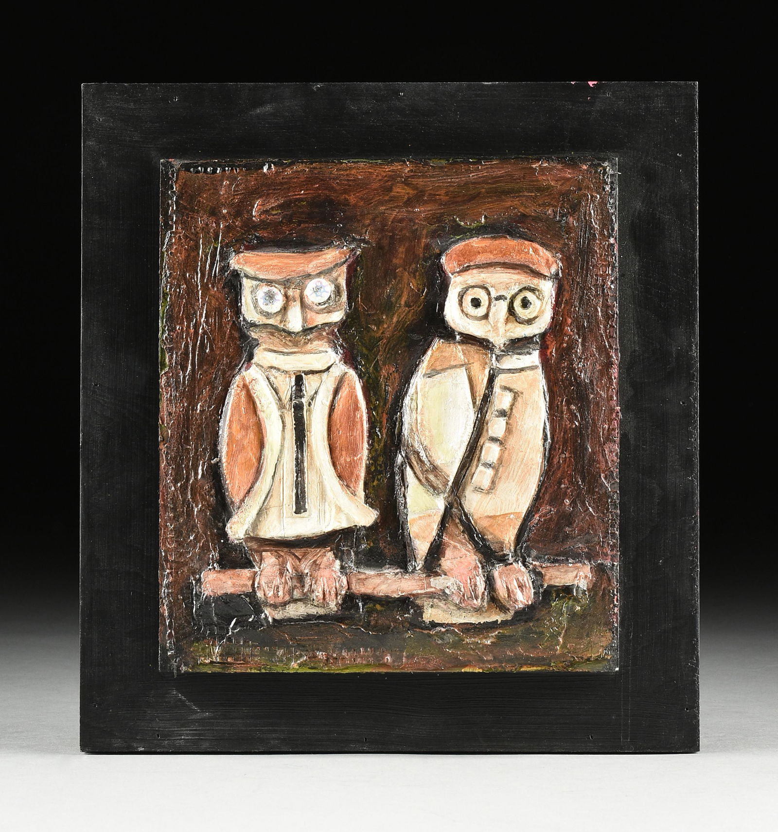 DAVID ADICKES (American/Texas b. 1927) A PAINTING, "Two Owls,": DAVID ADICKES (American/Texas b. 1927) A PAINTING, "Two Owls," plastic, plaster, and acrylic on wood; 9 7/8" x 8 3/4", frame 13" x 12".