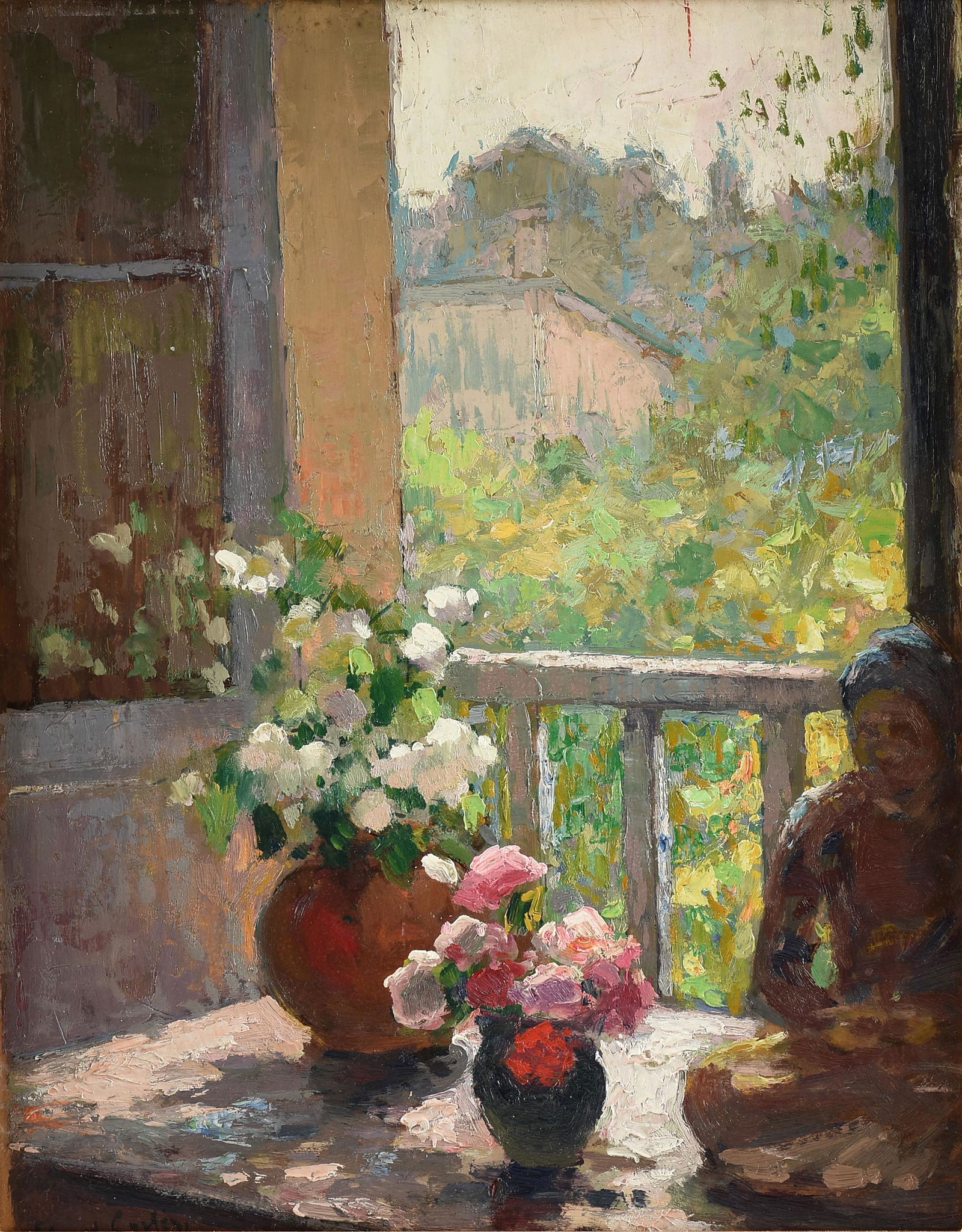 ÉDOUARD CORTÈS (French 1882-1969) A PAINTING, "Bouddha et Bouquets Devant le Balcon,": Ã‰DOUARD CORTÃˆS (French 1882-1969) A PAINTING, "Bouddha et Bouquets Devant le Balcon," 1920-1930, oil on board, estate signed L/L, "Edouard Cortes;" 14 3/4" x 11 3/4", framed 21 3/4" x 18 3/4".