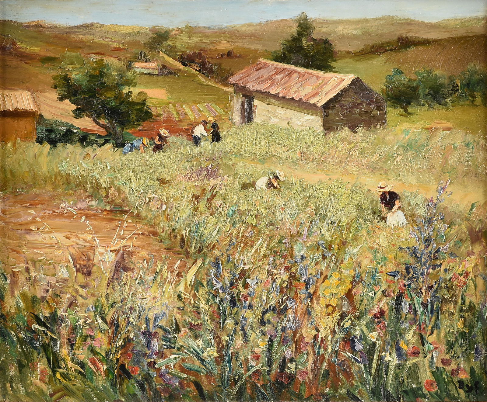 MARCEL DYF (French 1899-1985) A PAINTING, "Cueilleuses des Fleurs en Provence," 1960,: MARCEL DYF (French 1899-1985) A PAINTING, "Cueilleuses des Fleurs en Provence," 1960, oil on canvas, signed L/L, "Dyf;" 23 1/2" x 29", framed 30" x 35". Catalogue raisonnÃ©: Hst SBG 73X60cm. 1960