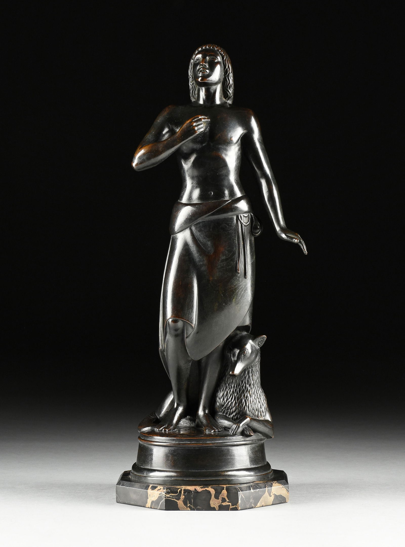 PAUL HOWARD MANSHIP (American 1885-1966) A SCULPTURE, "David," 1921,: PAUL HOWARD MANSHIP (American 1885-1966) A SCULPTURE, "David," 1921, bronze with brown patina on marble base, signed and dated on top of base, "PAUL MANSHIP / Â© 1921," marked on rear of base, "ROMA