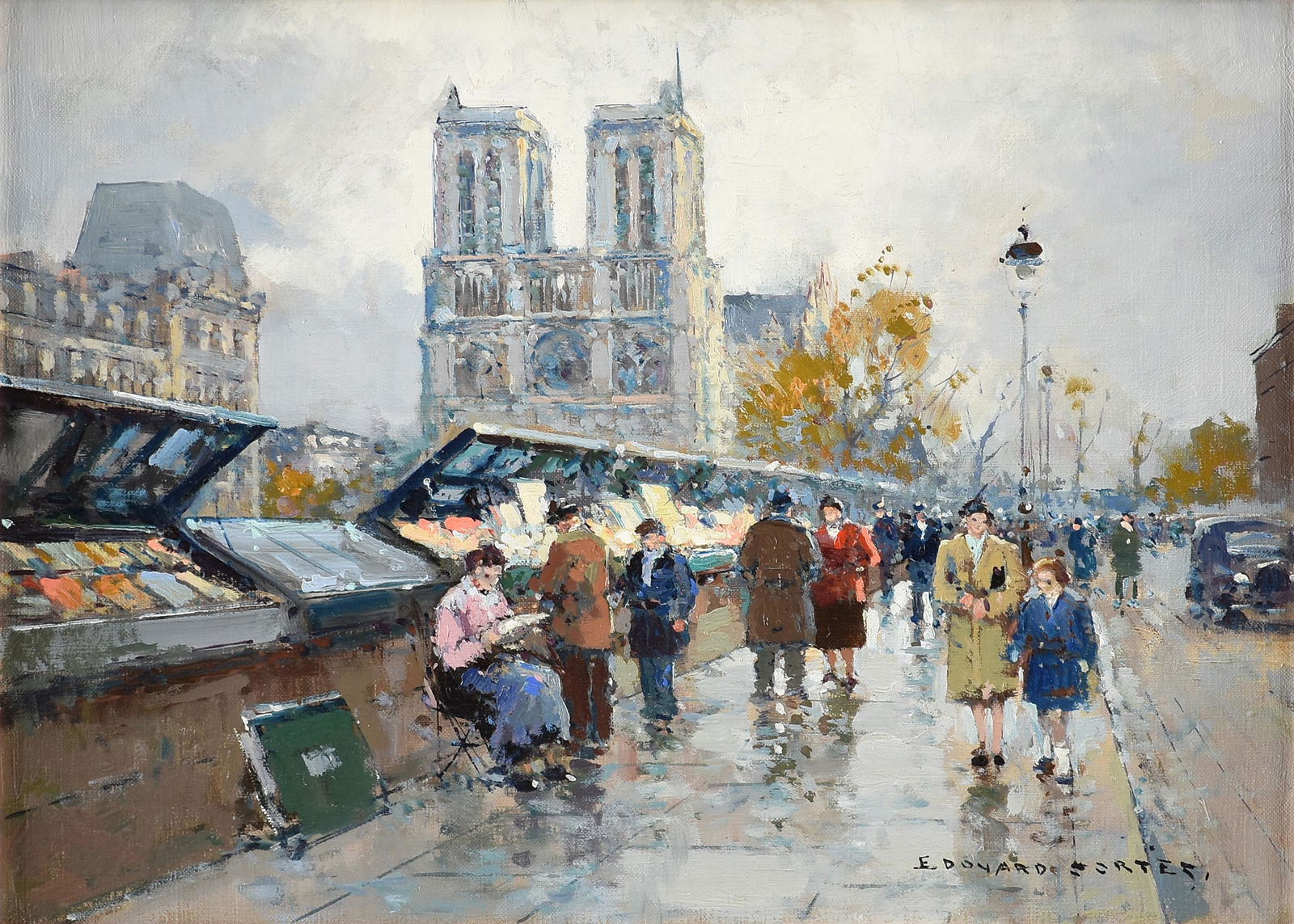 ÉDOUARD CORTÈS (French 1882-1969) A PAINTING, "Bouquinistes Along the Seine Near Notre: ÉDOUARD CORTÈS (French 1882-1969) A PAINTING, "Bouquinistes Along the Seine Near Notre Dame," 20TH CENTURY, oil on canvas, signed L/R "EDOUARD CORTES," an old Rehs Galleries, New York, stamp