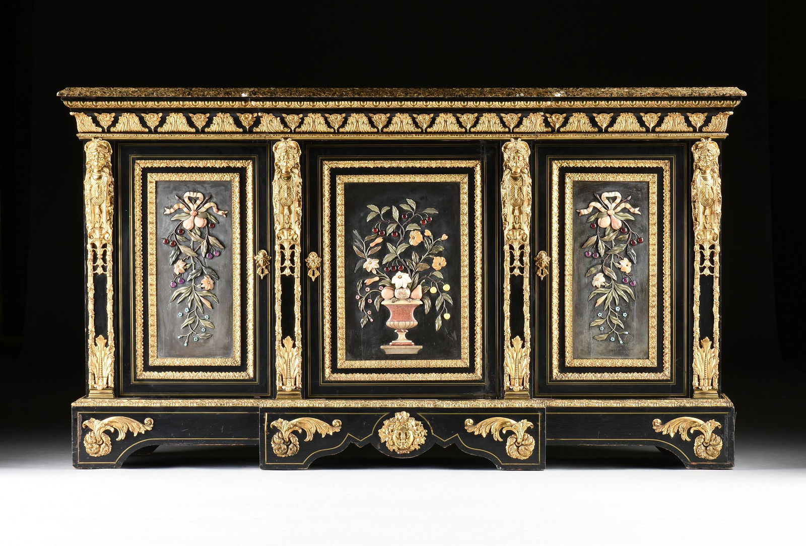 A FRENCH NAPOLEON III ORMOLU AND PIETRA DURA MOUNTED EBONY MEUBLE À HAUTEUR D'APPUI, PROBABLY (1 of 15)