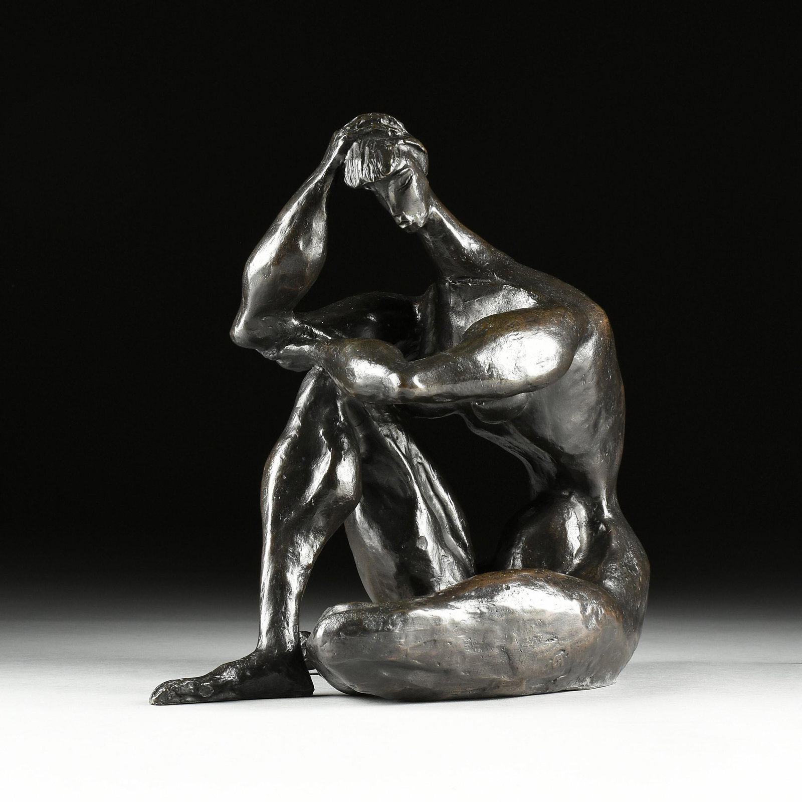 DORIS PORTER CAESAR (American 1892-1971) A SCULPTURE, "Seated Nude," NEW YORK, 20TH CENTURY,: DORIS PORTER CAESAR (American 1892-1971) A SCULPTURE, "Seated Nude," NEW YORK, 20TH CENTURY, bronze with dark brown patina, signed L/L, "Caesar," and marked L/R, "Modern Art Foundry / N.Y." Height: 16