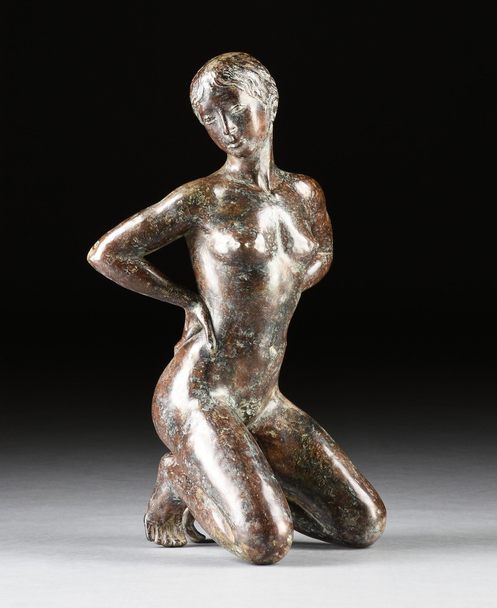 JACQUES COQUILLAY (French b. 1935) AN EROTIC SCULPTURE, "Flirt," CIRCA 1983,: JACQUES COQUILLAY (French b. 1935) AN EROTIC SCULPTURE, "Flirt," CIRCA 1983, bronze with brown and green patina, signed under the right leg, "COQUILLAY," and inscribed, E.A.," and imprinted with the a
