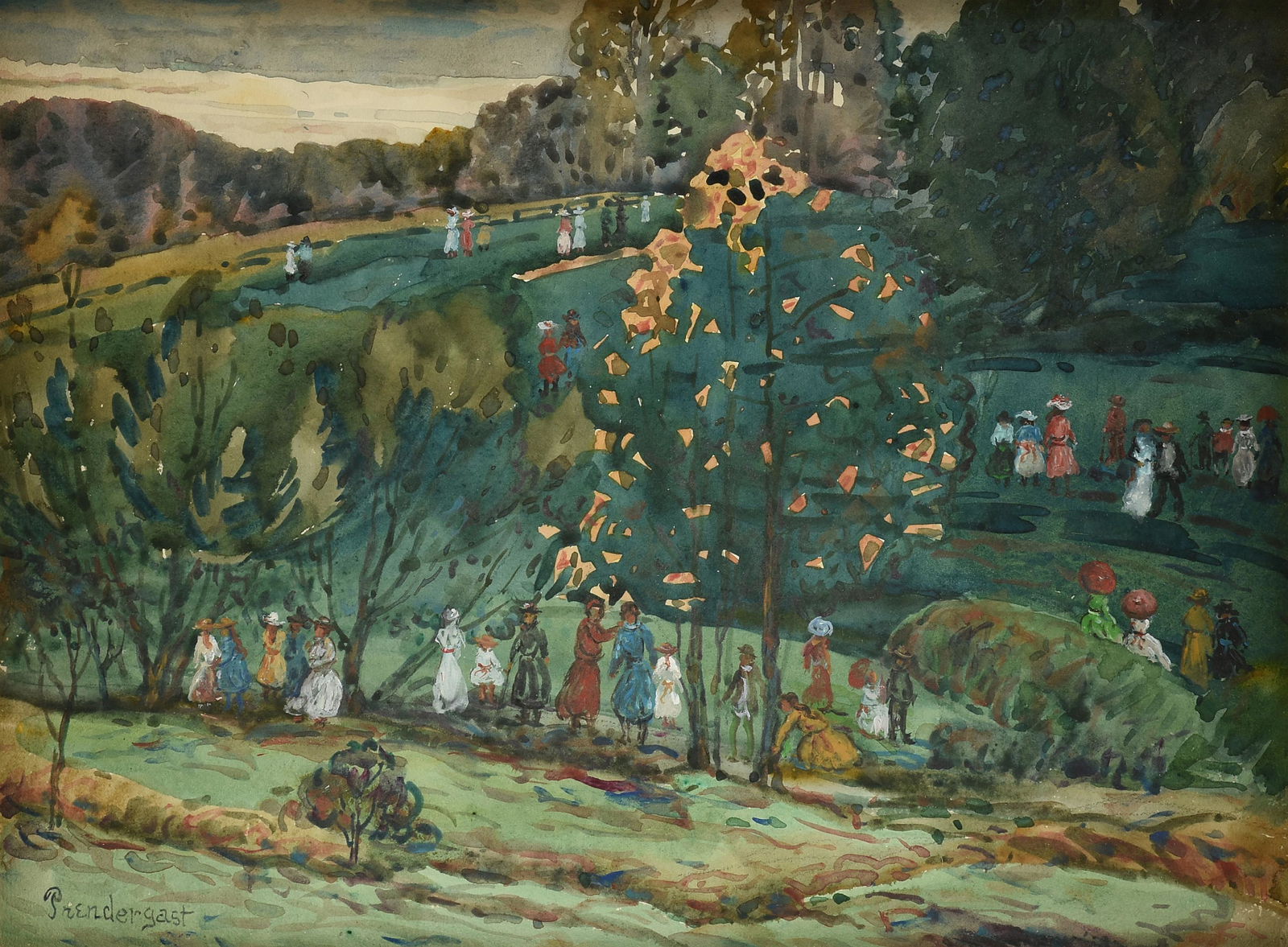 attributed to MAURICE BRAZIL PRENDERGAST (American 1858-1924) A PAINTING, "Figures in a Park (1 of 11)