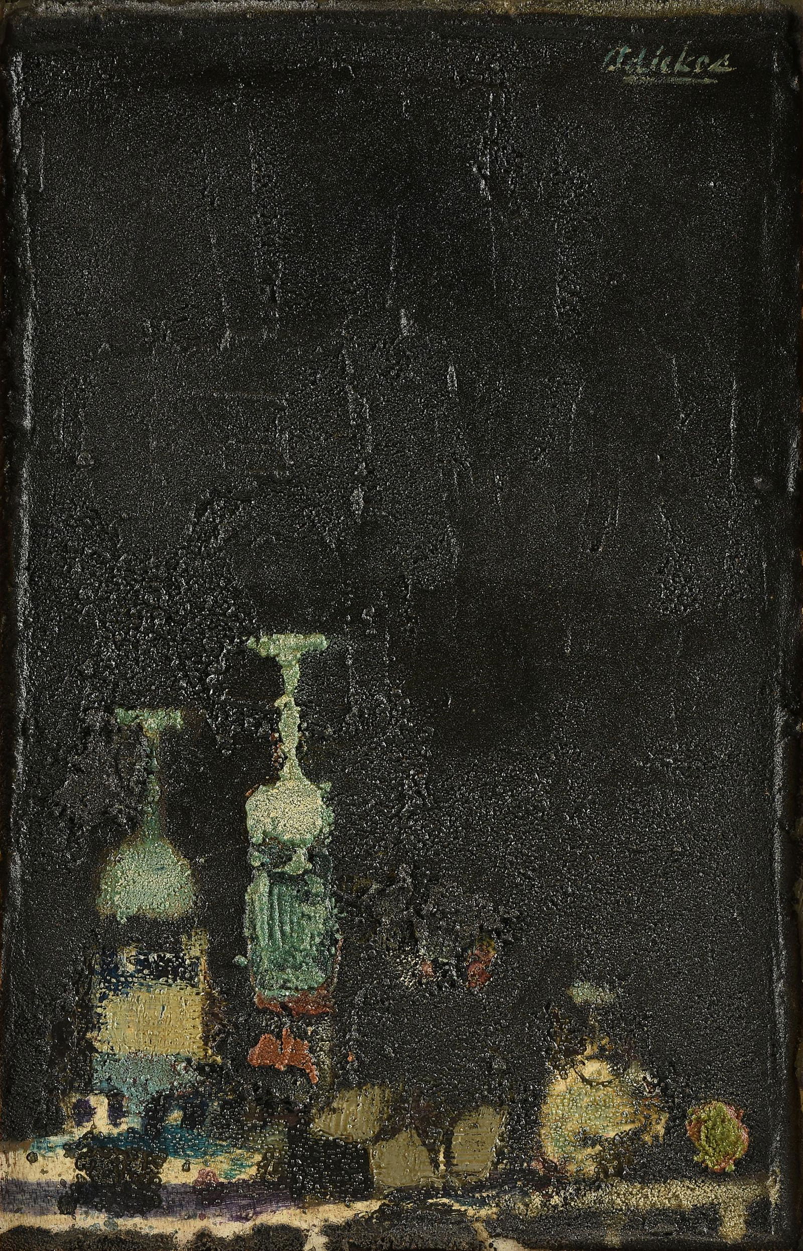DAVID ADICKES (American/Texas b. 1927) A PAINTING, "Black Still Life," 1961,: DAVID ADICKES (American/Texas b. 1927) A PAINTING, "Black Still Life," 1961, oil and mixed media on board, signed U/R, "Adickes," reverse also inscribed by the artist, "Black Still Life/ Adickes/ 1961