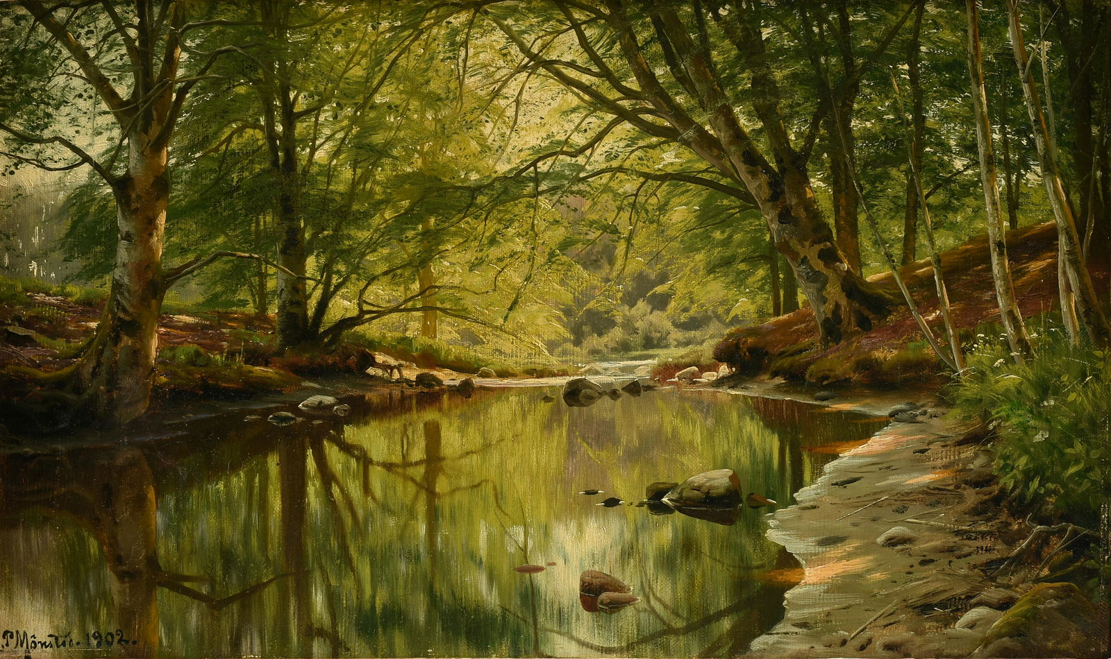 PEDER MORK MÔNSTED (Danish 1859-1941) A PAINTING, "Forest Landscape with Reflective River," (1 of 14)