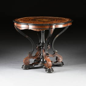 AN AESTHETIC MOVEMENT EXOTIC WOODS INLAID MARQUETRY AND EBONIZED WOOD CENTER TABLE, PROBABLY POTTIER (1 of 9)