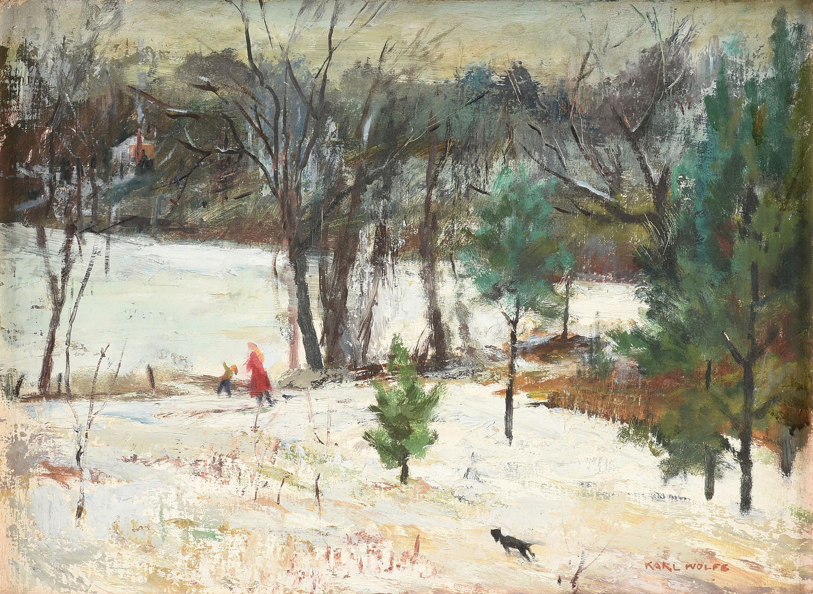 KARL WOLFE (American/Mississippi 1904-1985) A PAINTING, "Mother, Child, and Dog by Pond in Snowy (1 of 10)