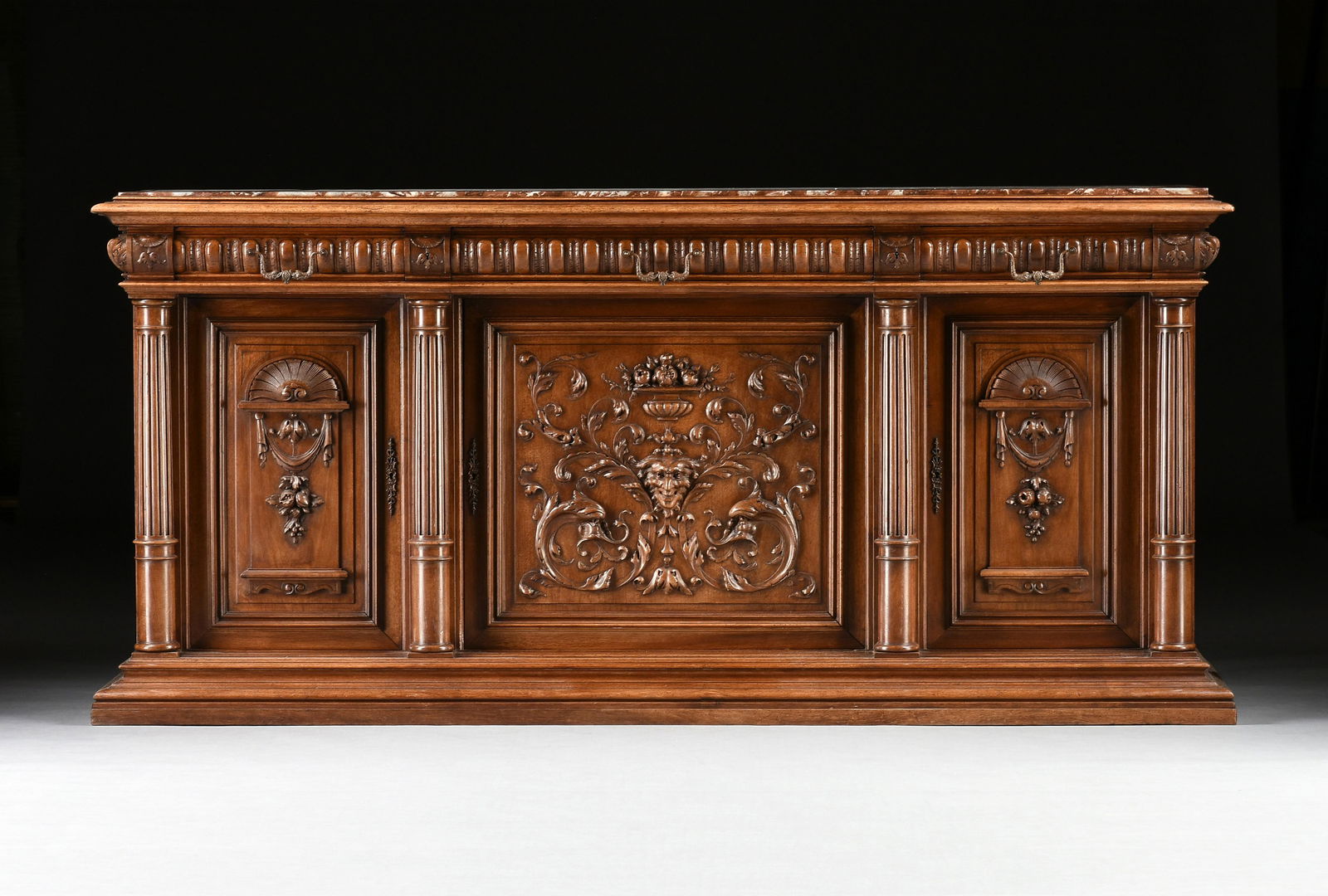 A FRENCH RENAISSANCE REVIVAL MARBLE-TOPPED WALNUT BUFFET, CIRCA 1900, (1 of 13)