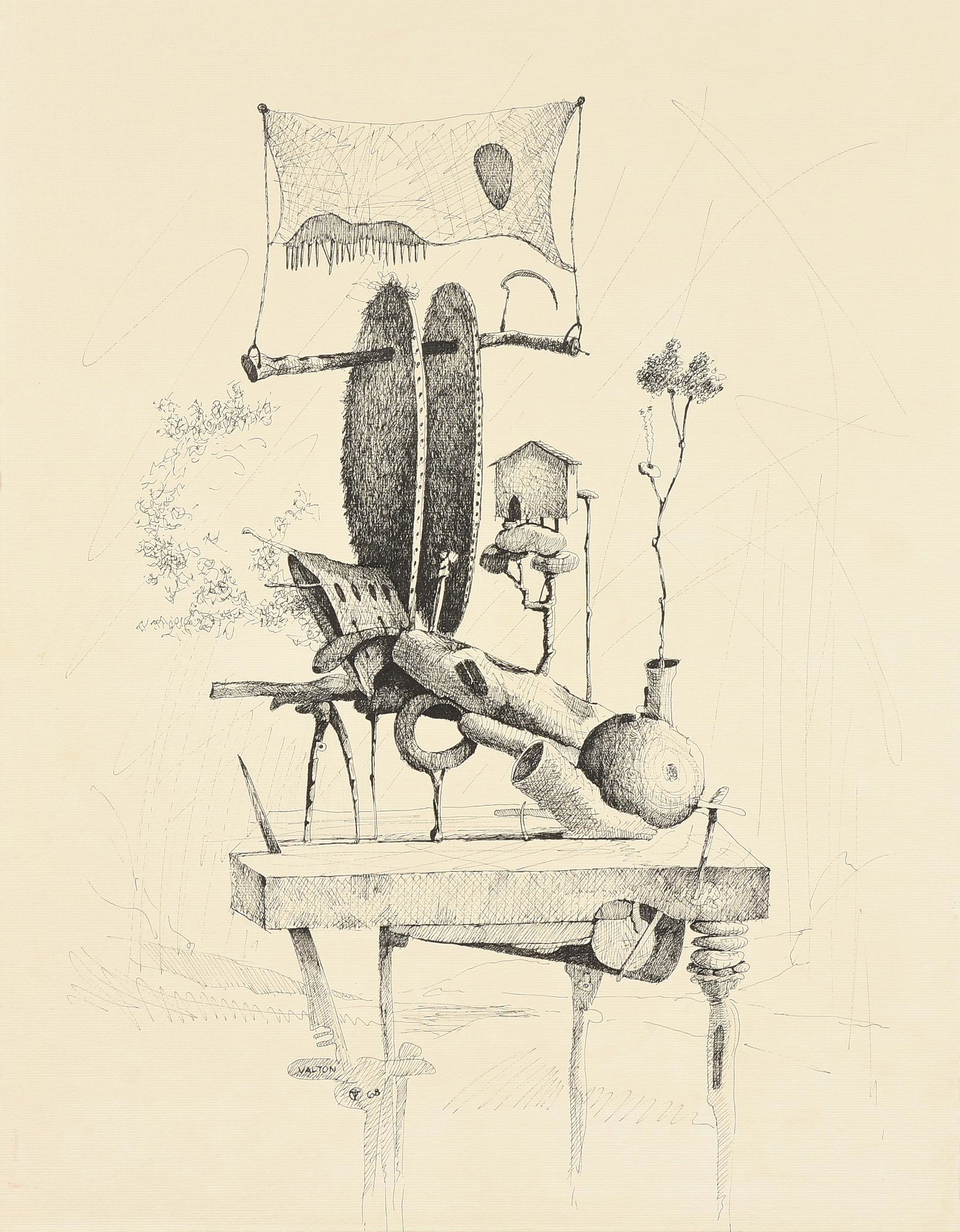 VALTON TYLER (American/Texas 1944-2017) A DRAWING, "Imaginary Objects on a Table," 1968,: VALTON TYLER (American/Texas 1944-2017) A DRAWING, "Imaginary Objects on a Table," 1968, pen and ink on cream laid paper, signed, monogrammed, and dated L/L, "Valton / VT 68;" sheet 26" x 20", matted