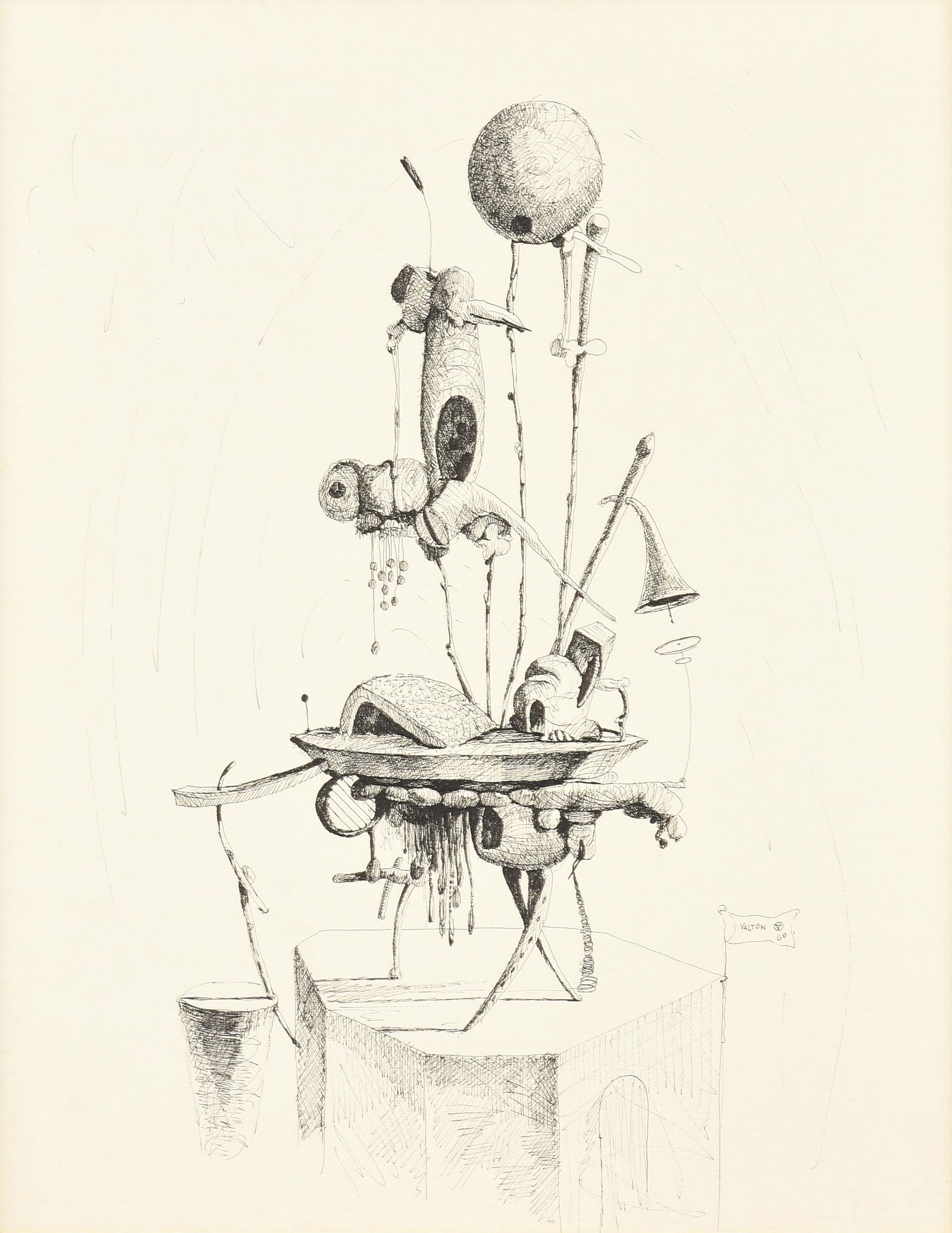 VALTON TYLER (American/Texas 1944-2017) A DRAWING, "Imaginary Objects on a Seven-Sided Platform,": VALTON TYLER (American/Texas 1944-2017) A DRAWING, "Imaginary Objects on a Seven-Sided Platform," 1968, pen and ink on cream laid paper, signed, monogrammed, and dated L/R on a flag, "Valton VT / 68;"